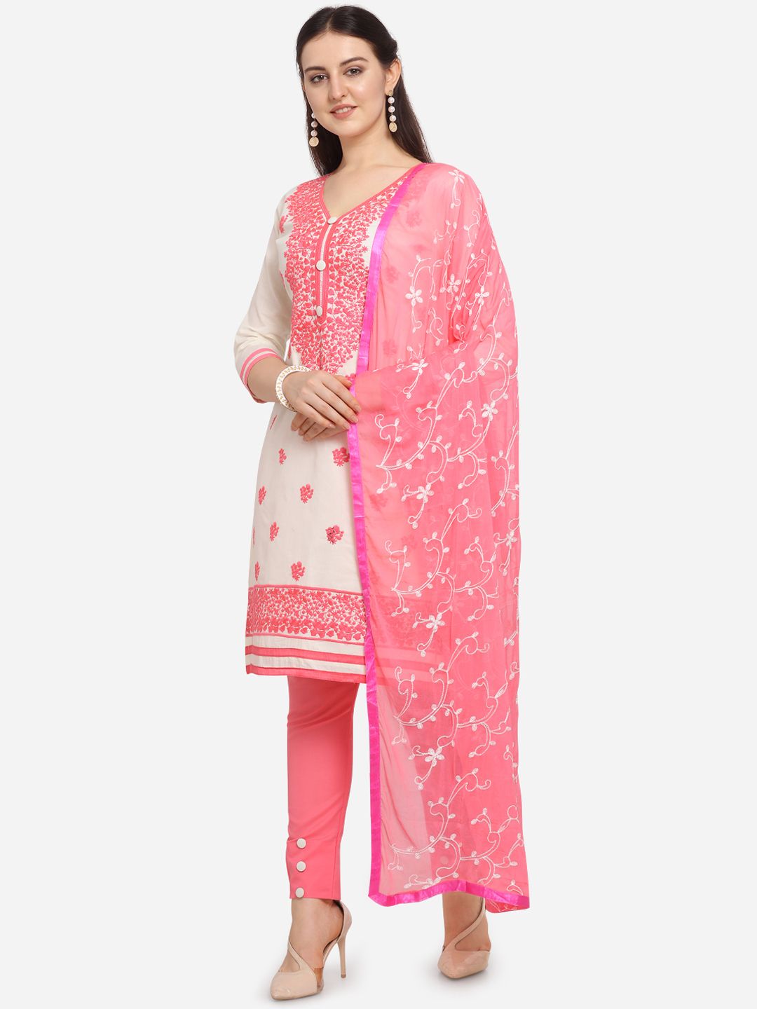 Ethnic Junction Off-White & Pink Embroidered Unstitched Dress Material Price in India