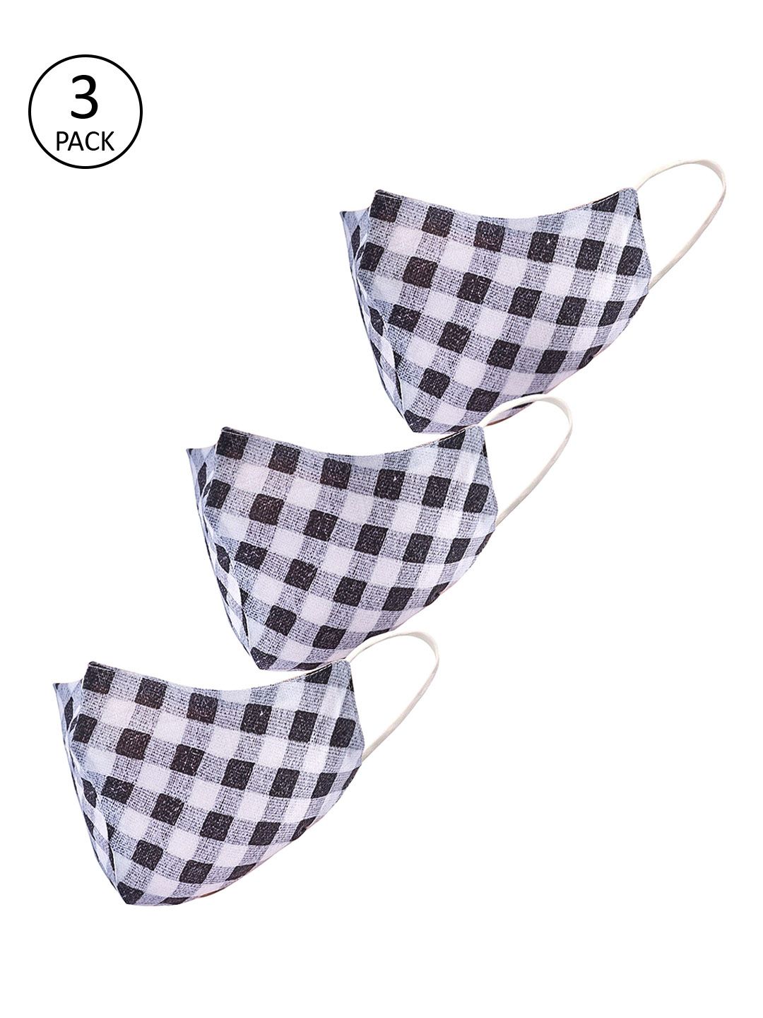 LEGAL BRIBE Women Black & White Pack Of 3 Checked 3-Ply Reusable Cloth Masks Price in India