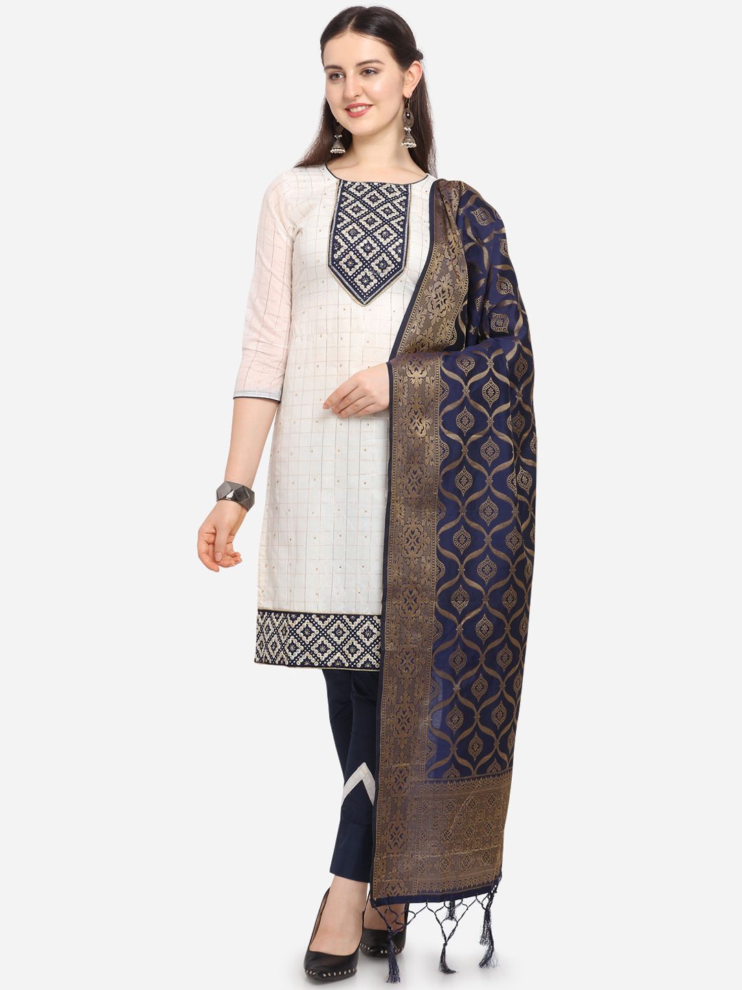 Ethnic Junction Off-White & Navy Blue Silk Blend Unstitched Dress Material Price in India