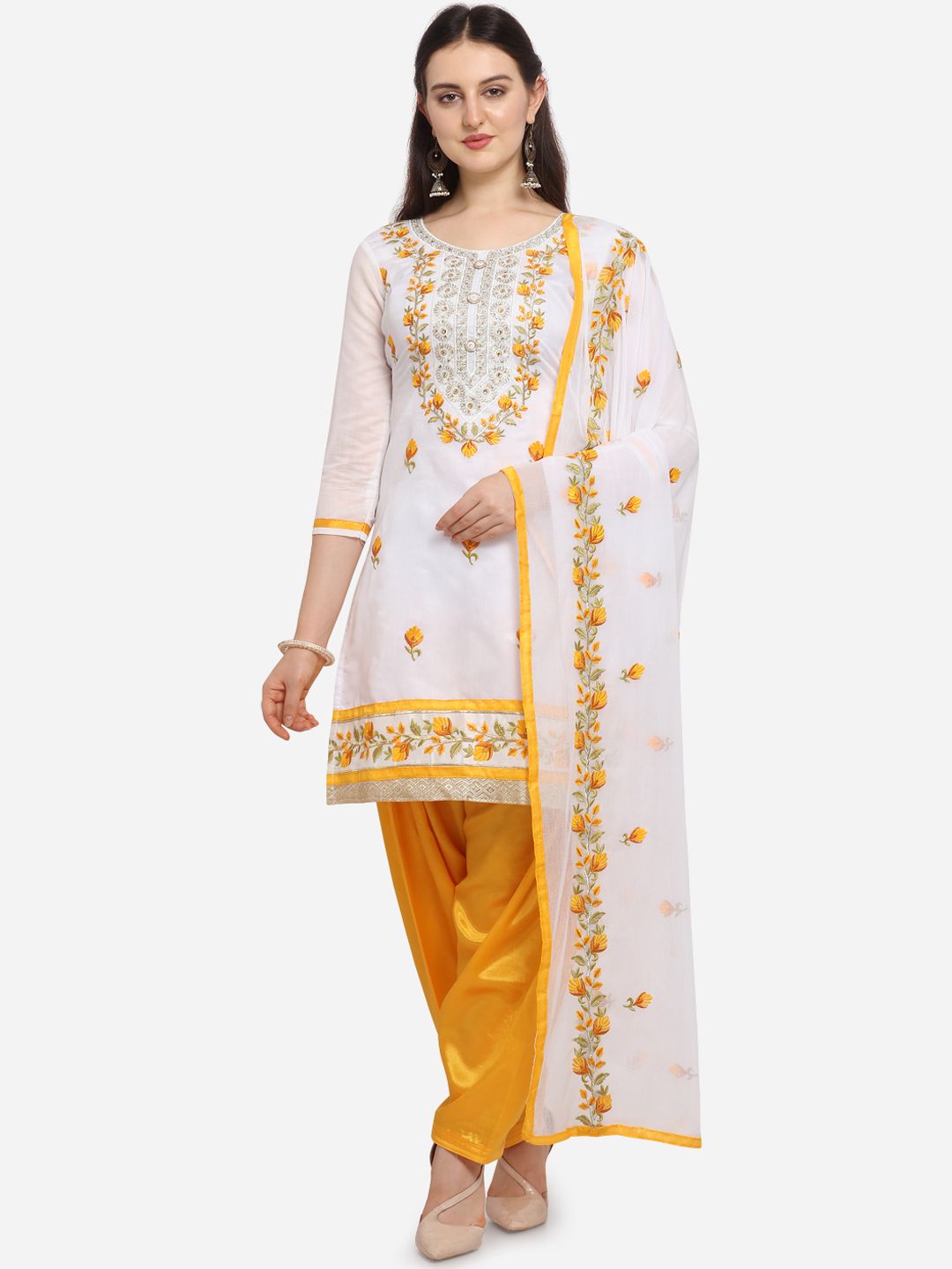 Ethnic Junction White & Yellow Embroidered Unstitched Dress Material Price in India
