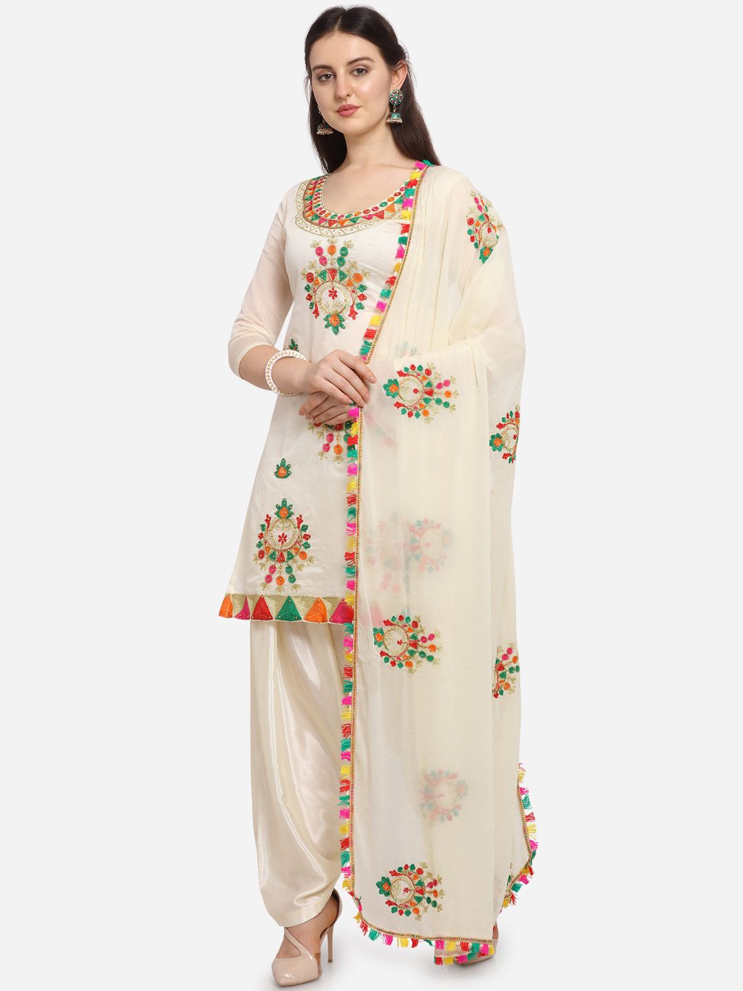 Ethnic Junction Women Off-White & Pink Silk Blend Embroidered Unstitched Dress Material Price in India