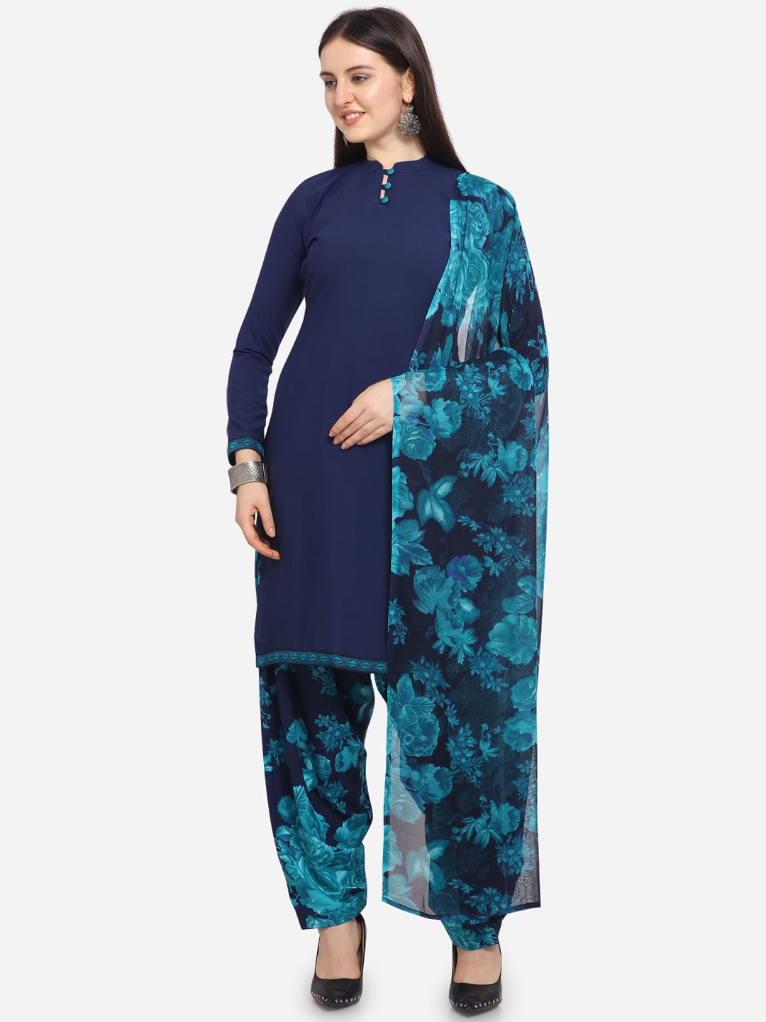 Ethnic Junction Navy Blue & Sea Green Poly Crepe Unstitched Dress Material Price in India