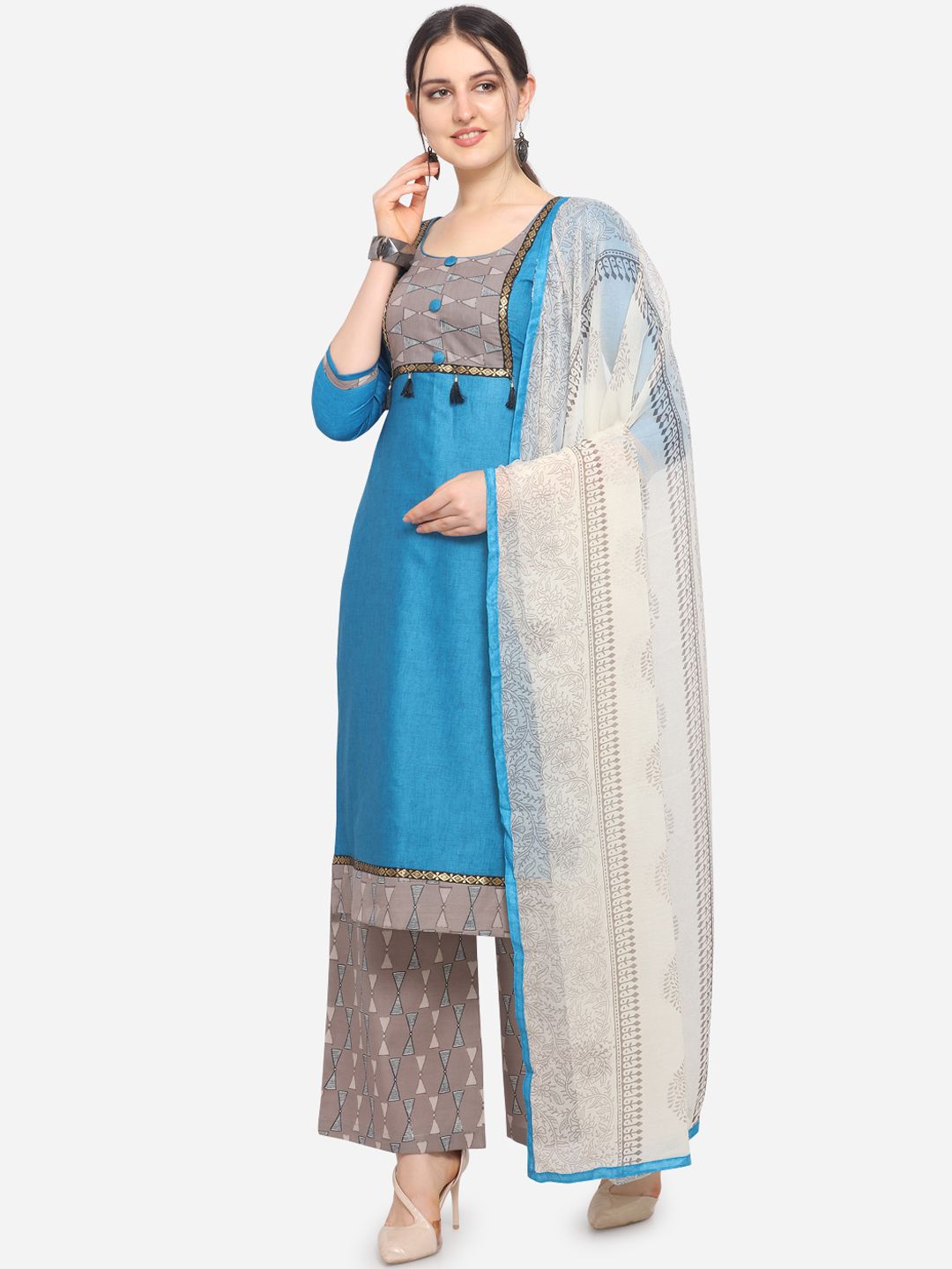 Ethnic Junction Blue & Brown Cotton Blend Unstitched Dress Material Price in India