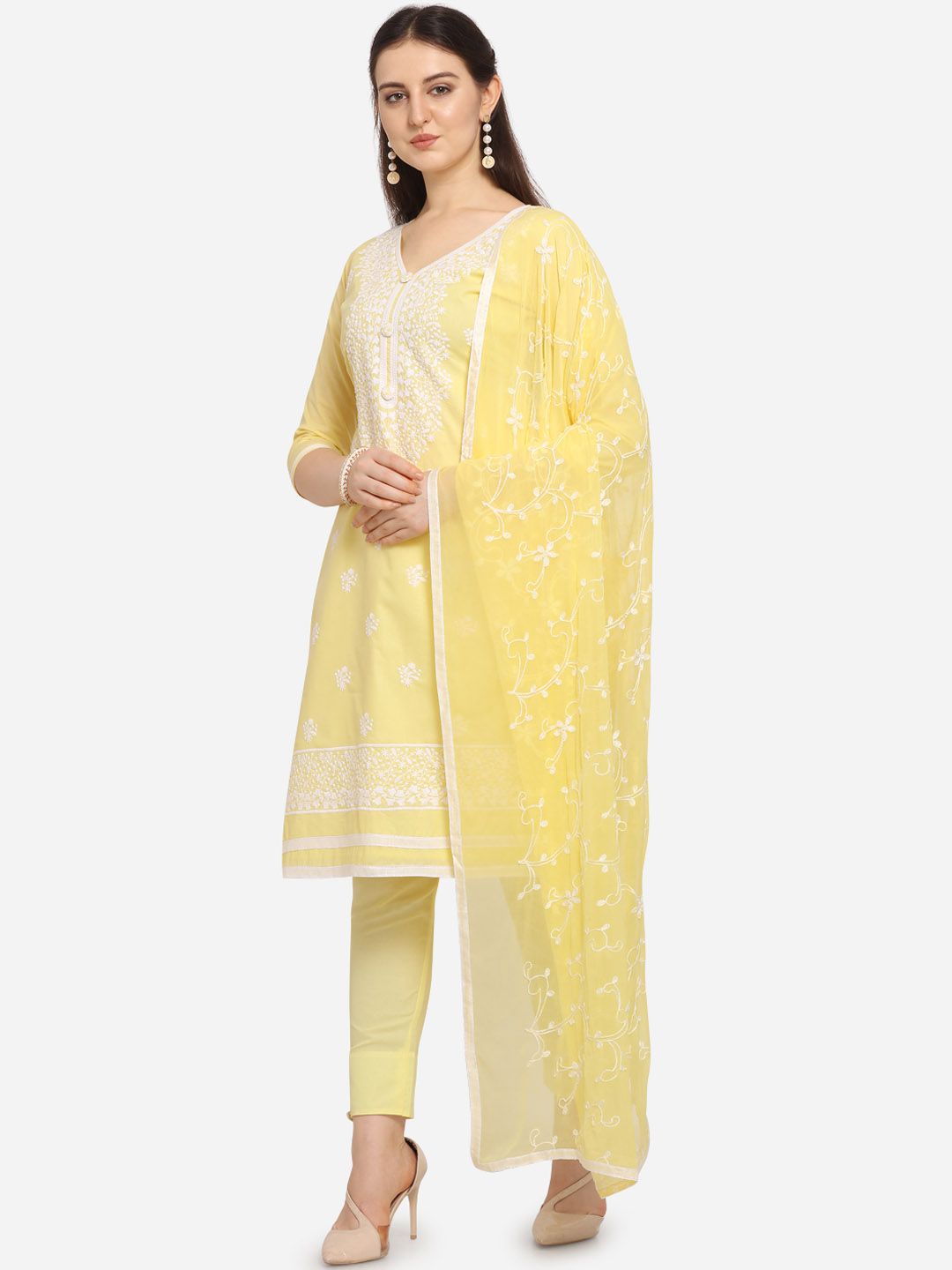 Ethnic Junction Women Yellow & White Embroidered Unstitched Dress Material Price in India