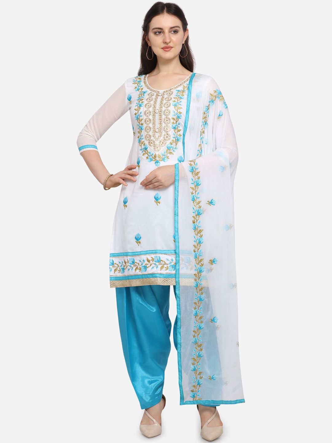 Ethnic Junction Blue & White Silk Blend Unstitched Dress Material Price in India
