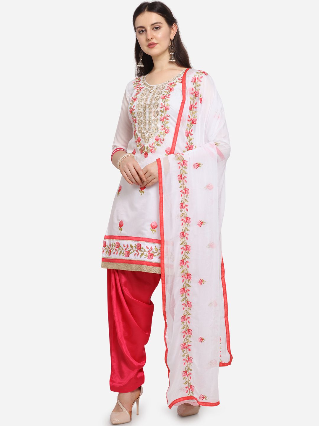 Ethnic Junction Pink & White Silk Blend Unstitched Dress Material Price in India