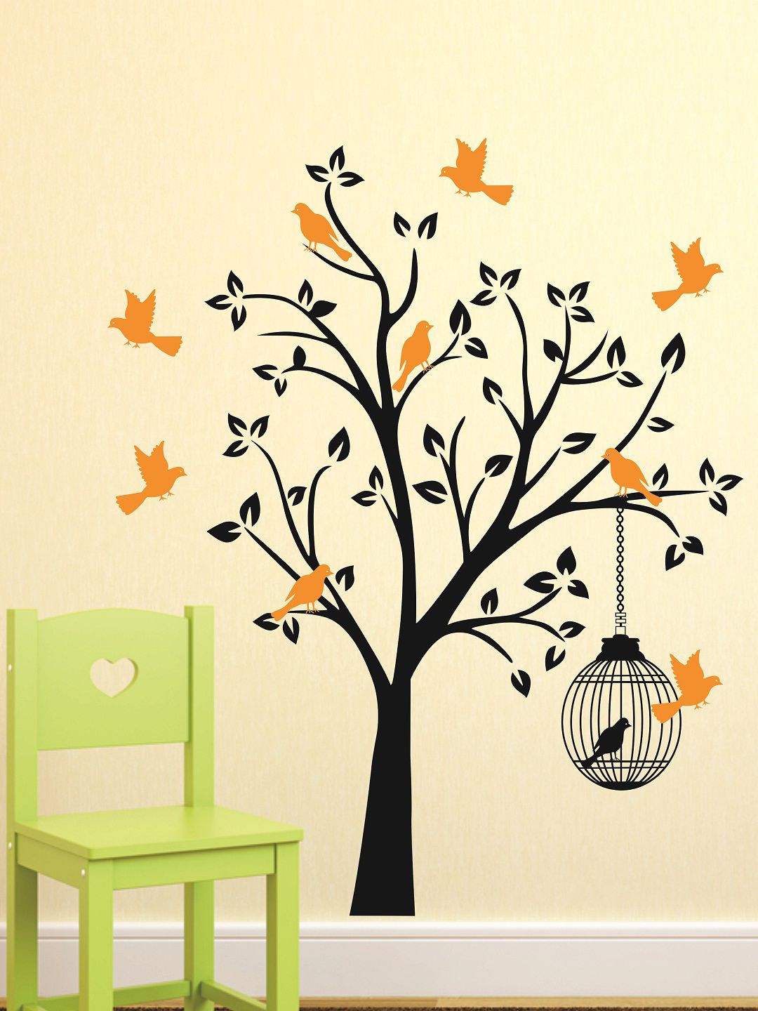 WALLSTICK Black & Orange Birds On Tree Large Vinyl Wall Sticker Price in India