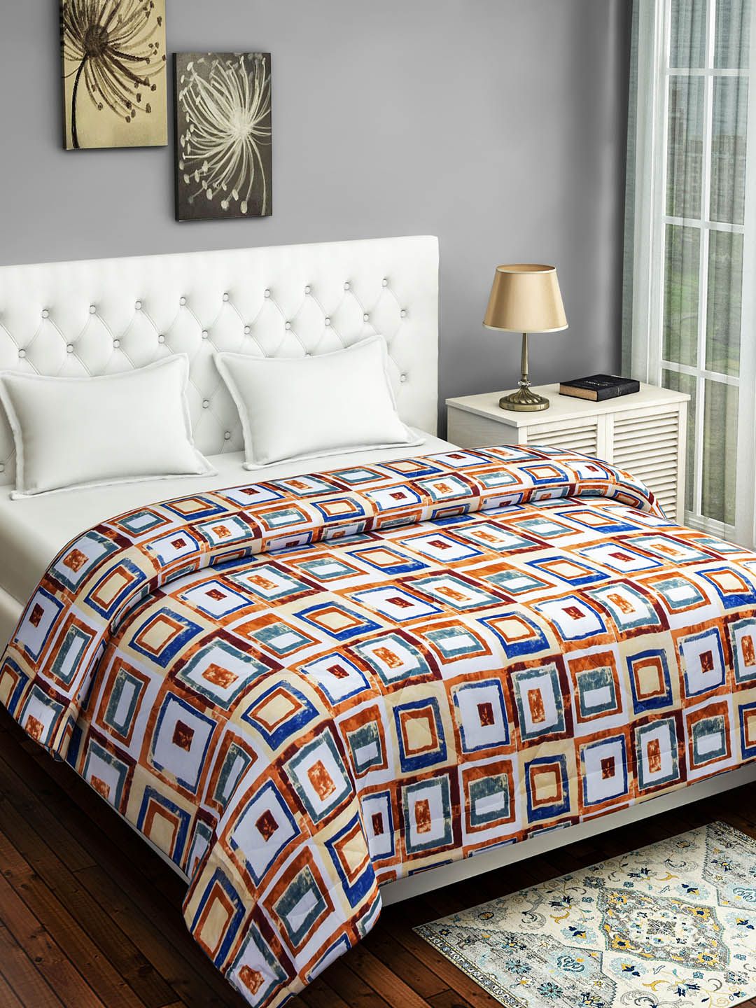 SWAYAM White & Orange Geometric AC Room 150 GSM Double Bed Comforter Price in India