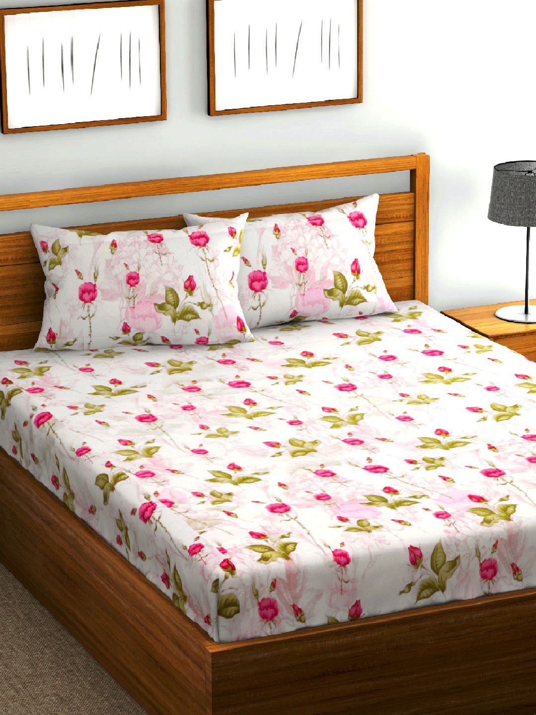 URBAN SPACE White & Pink Floral 200 TC Cotton 1 Queen Bedsheet with 2 Pillow Covers Price in India