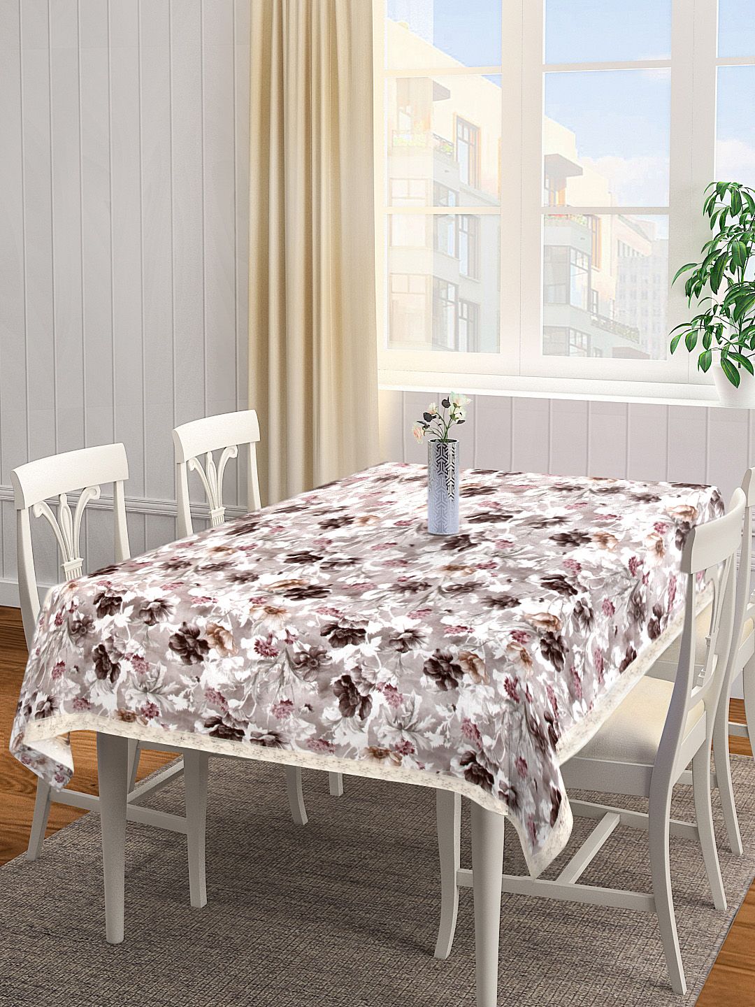Clasiko Brown & Grey Floral Print 6-Seater PVC Table Cover Price in India