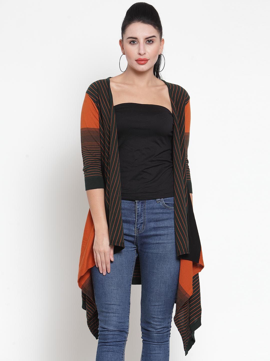 Kalt Women Rust & Olive Green Striped Open Front Shrug Price in India