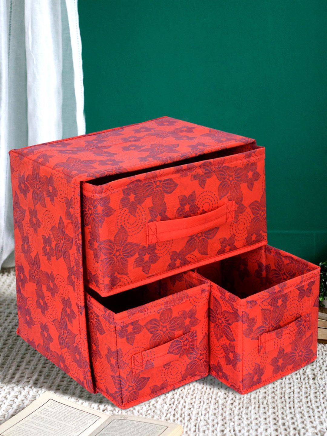 Kuber Industries Red Metalic Printed 2-Layer 3-Drawer Foldable Storage Organizer Price in India