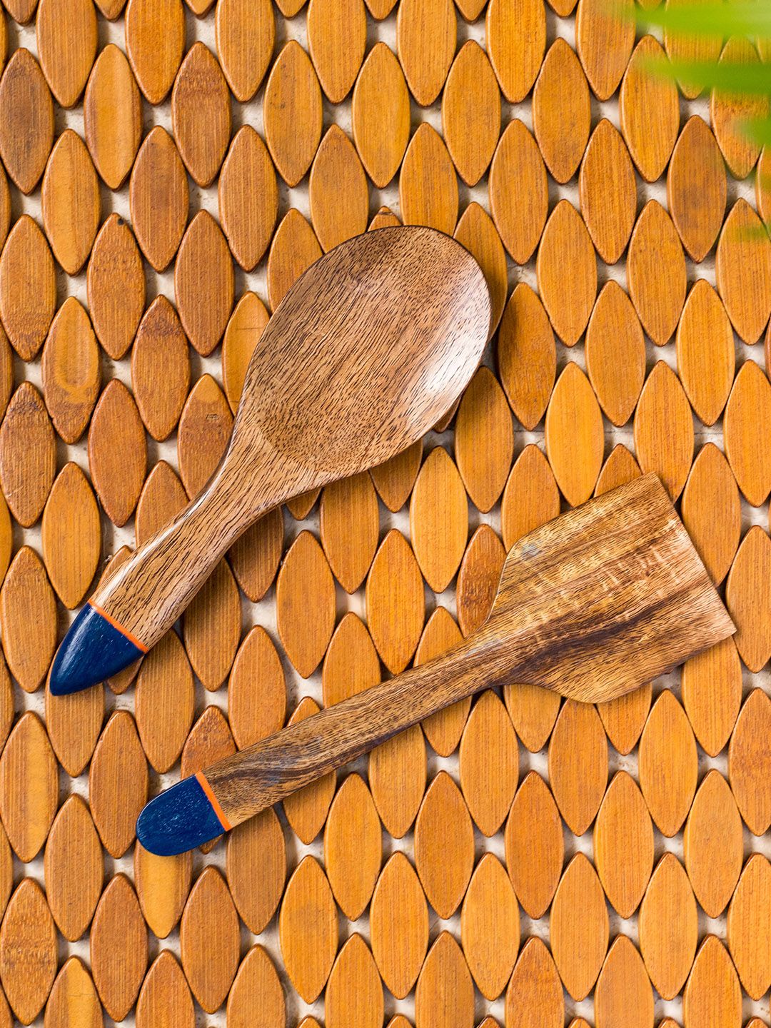 ExclusiveLane Tan Brown Wooden Hand-Painted Serving Spoon & Spatula Set Price in India