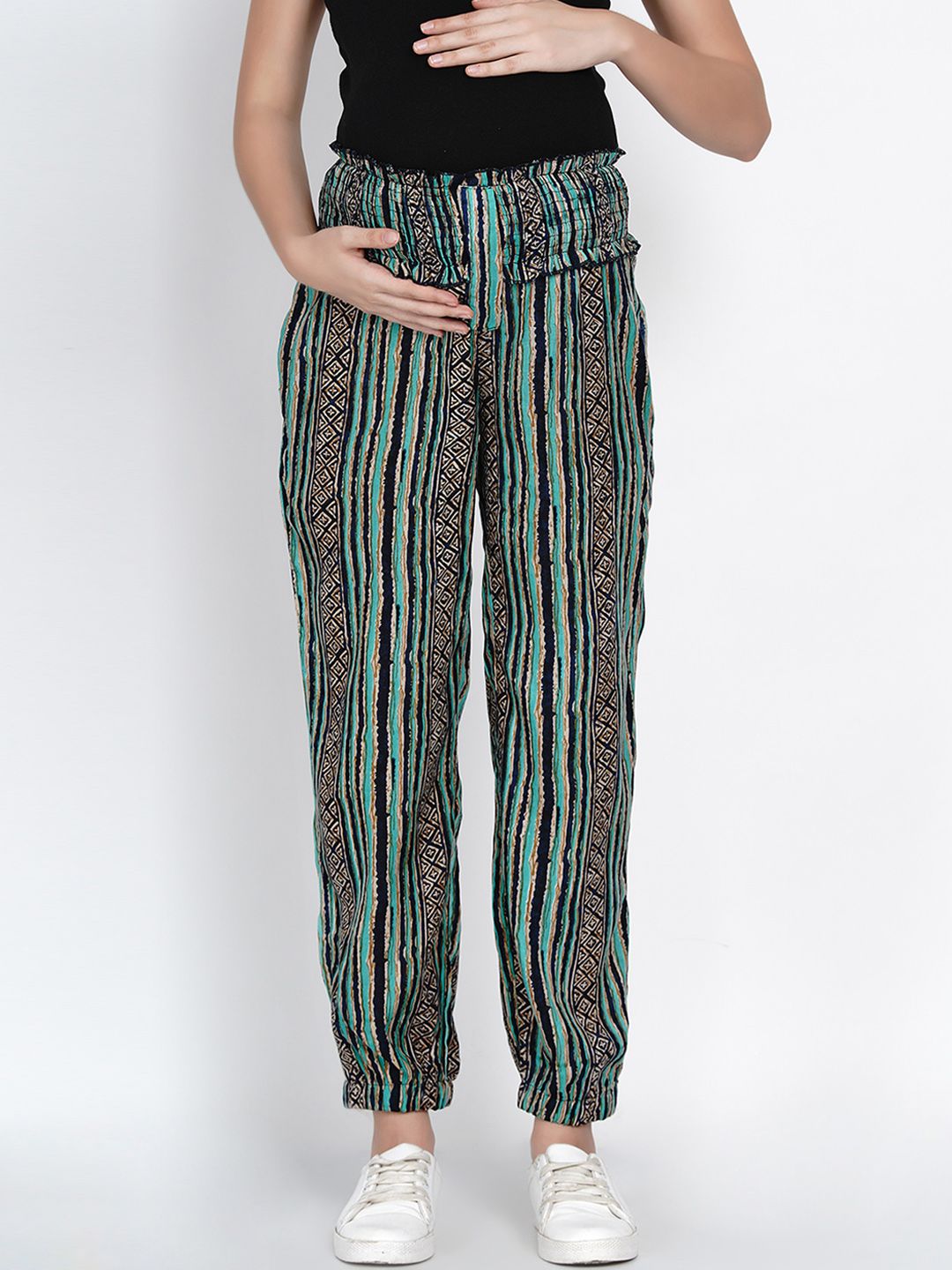 Mine4Nine Women Green & Black Relaxed Regular Fit Striped Maternity Regular Trousers Price in India