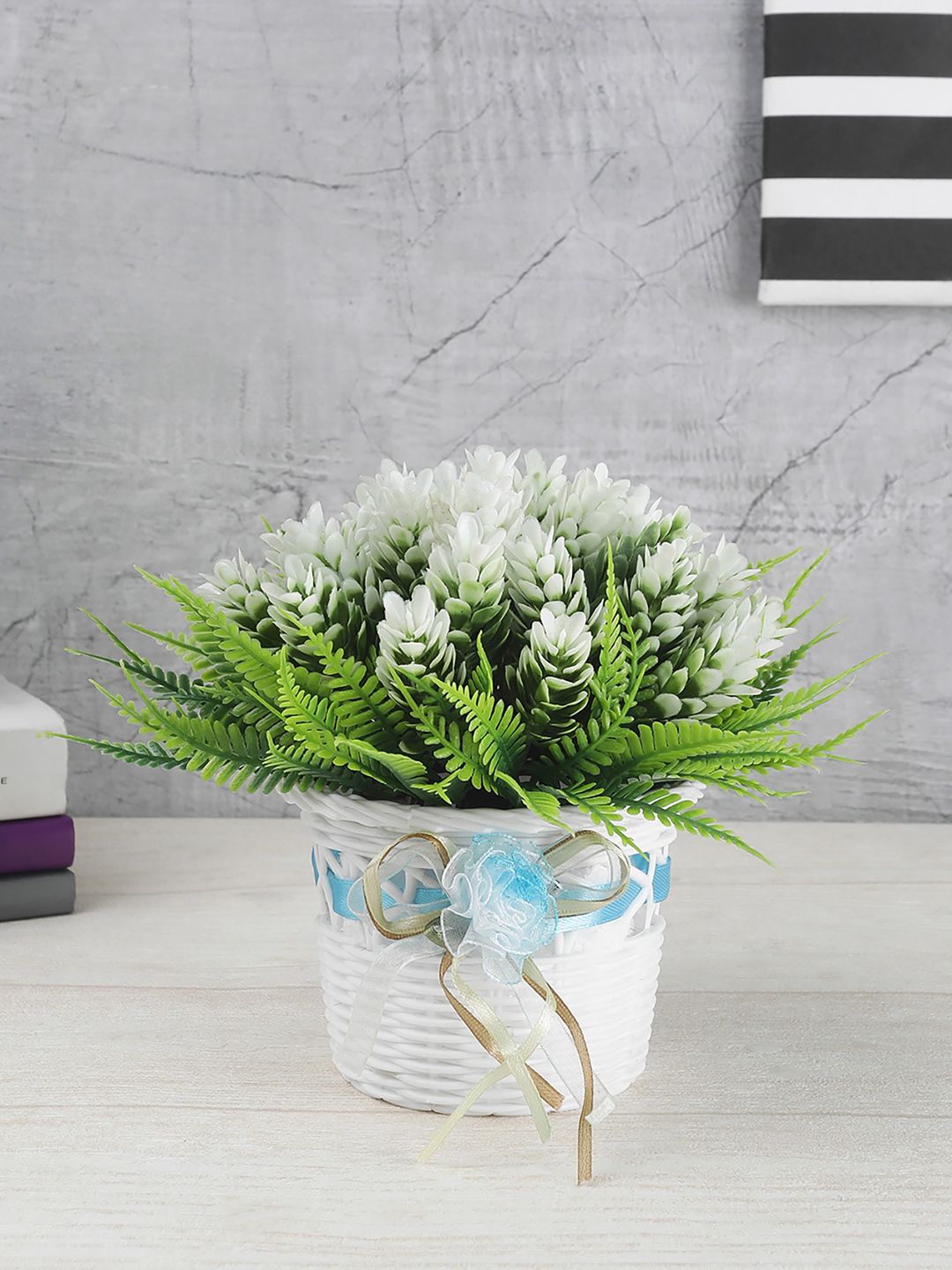 FOLIYAJ Green & White Artificial Plant With Fern Leaves Buds & White Pot Price in India