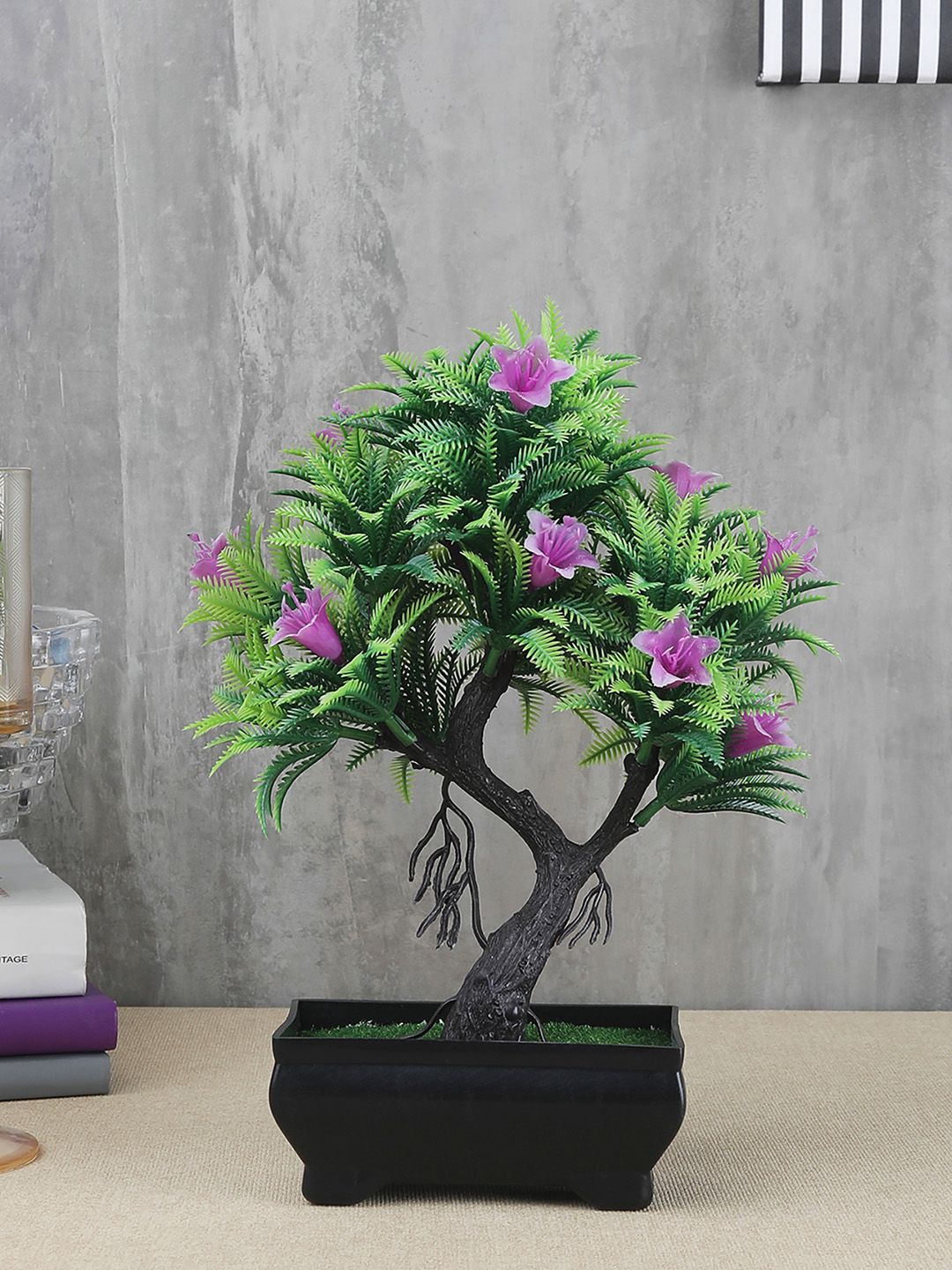 FOLIYAJ Green & Purple Artificial Y Shaped Bonsai Tree With Fern Leaves Flowers & Pot Price in India