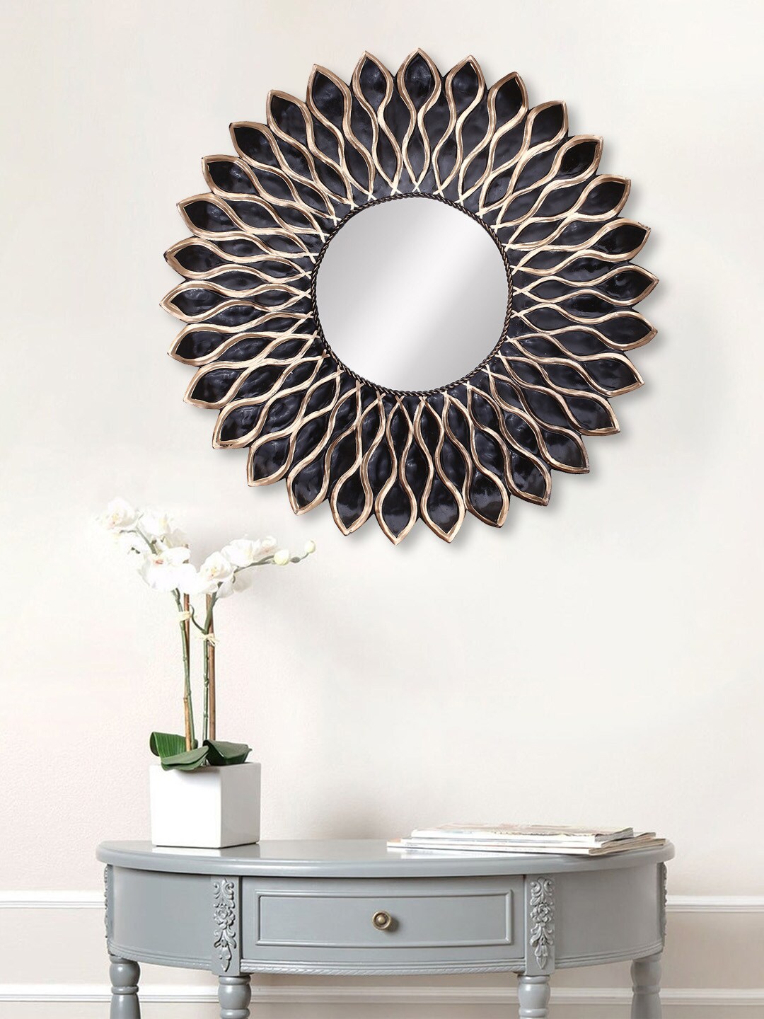 eCraftIndia Black & Brown Metal Decorative Handcarved Wall Mirror Price in India