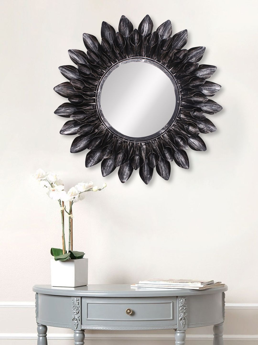 eCraftIndia Black Metal Decorative Handcarved Wall Mirror Price in India