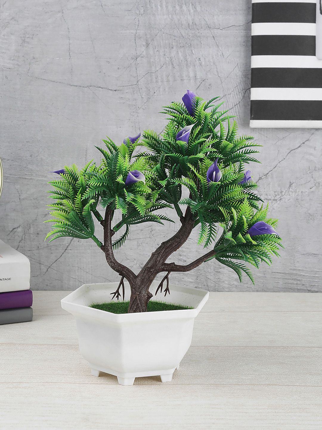 FOLIYAJ Green & Purple Artificial 3 Branched Bonsai Tree With Fern Leaves Flowers & White Pot Price in India