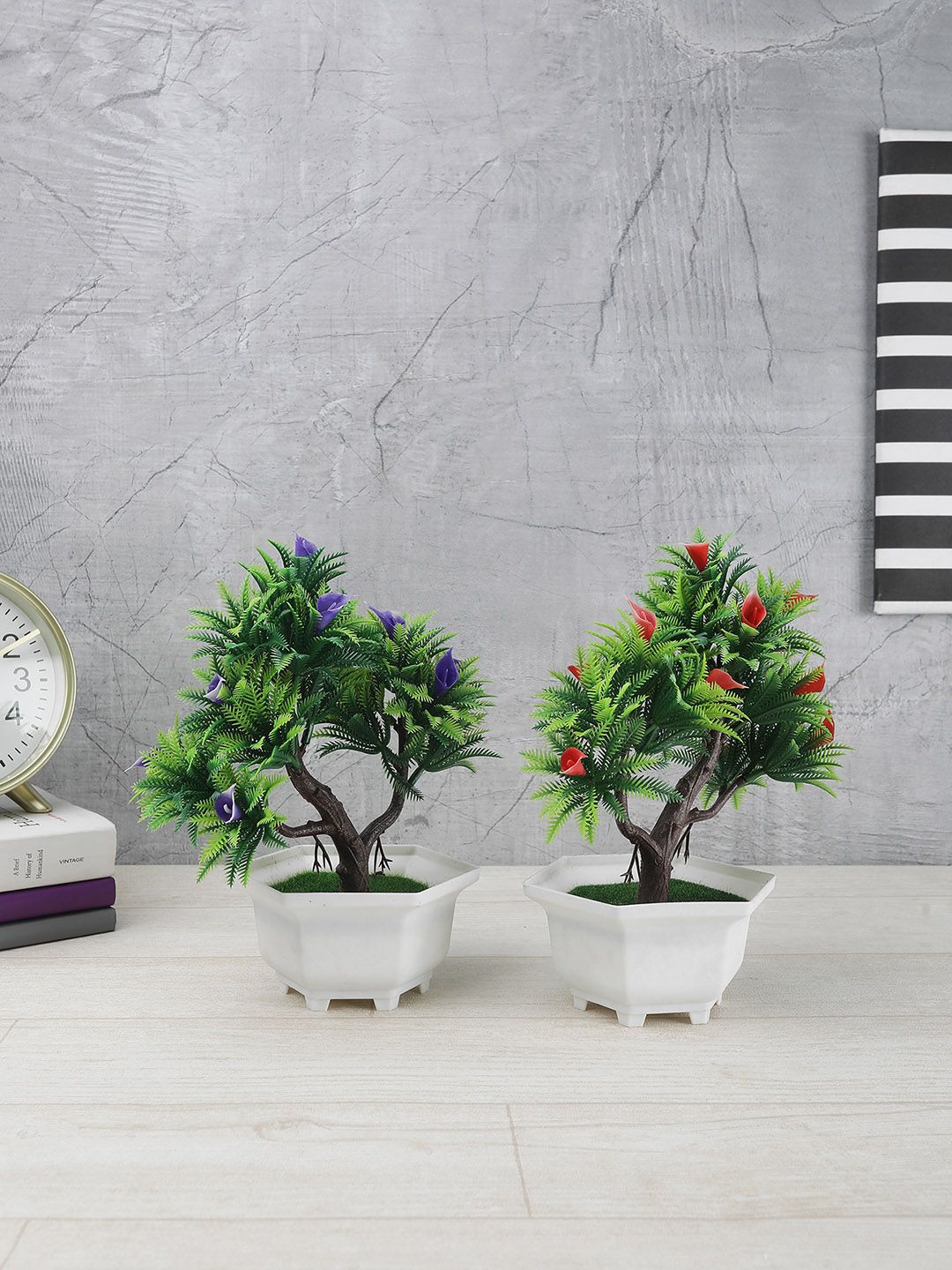 FOLIYAJ Set Of 2 Purple & Red Artificial Triple Branched Bonsai Trees With Fern Flowers Price in India