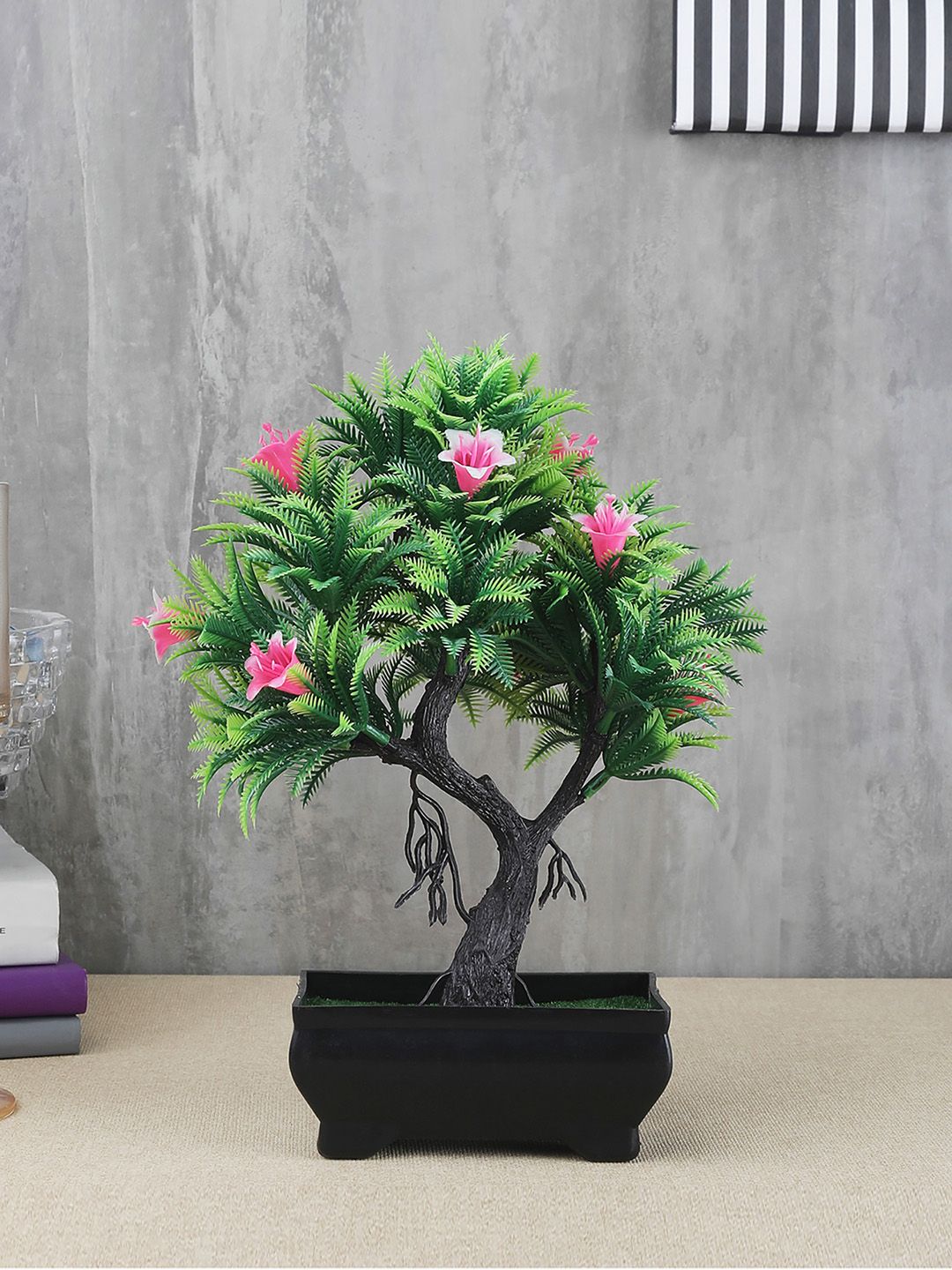 FOLIYAJ Green & Pink Artificial Y Shaped Bonsai Tree With Fern Leaves Flowers & Black Pot Price in India