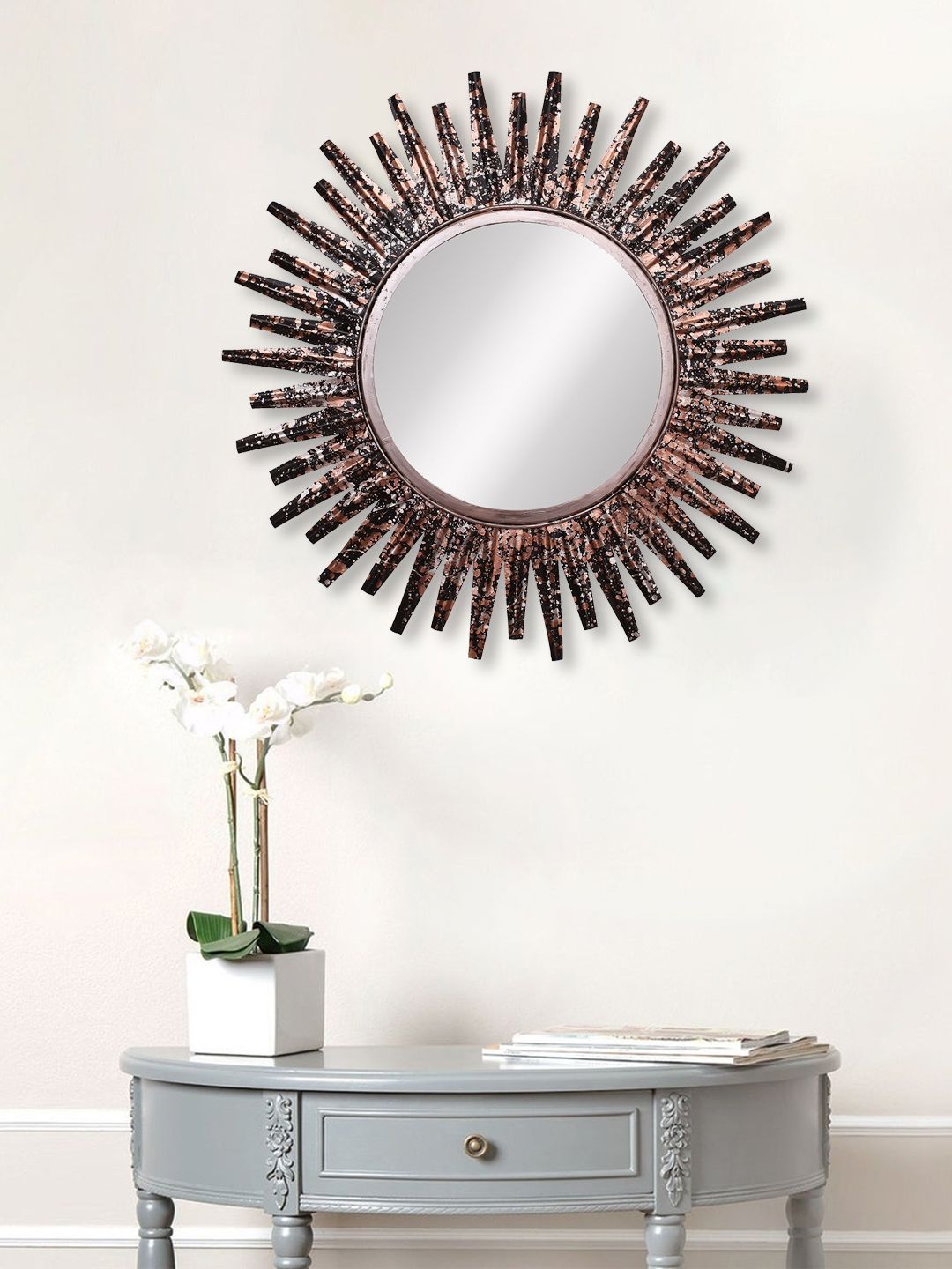 eCraftIndia Copper-Toned & Black Metal Decorative Handcarved Wall Mirror Price in India