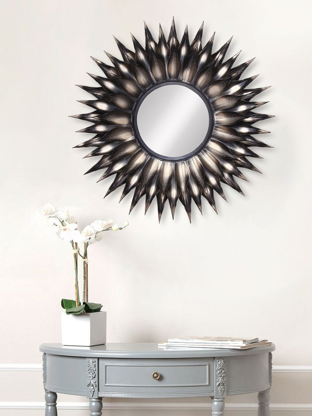 eCraftIndia Black & Brown Metal Decorative Handcarved Wall Mirror Price in India