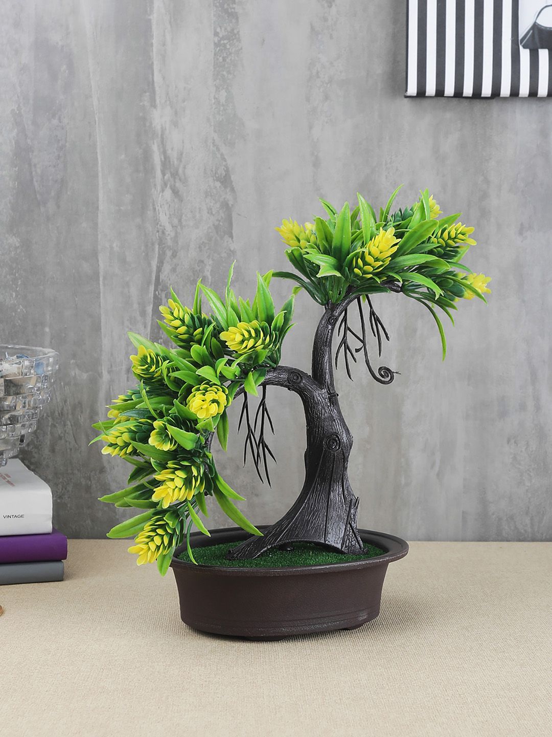 FOLIYAJ Green & Yellow Artificial Shoe Horn Shaped Bonsai Tree With Leaves Buds & Brown Pot Price in India