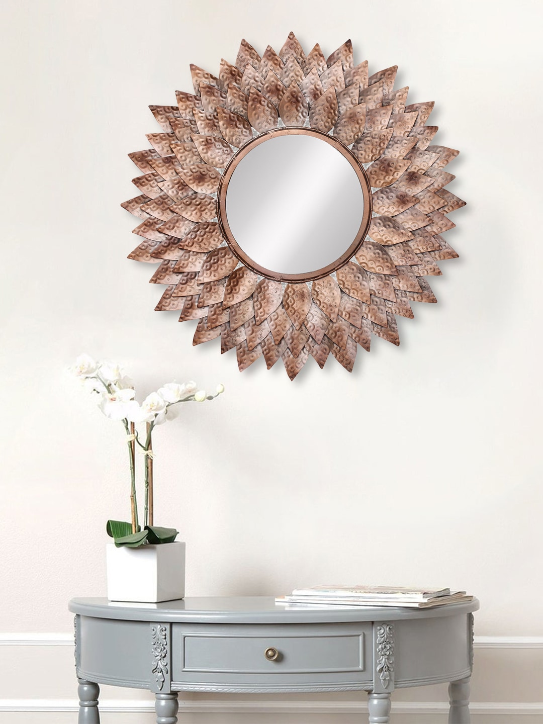 eCraftIndia Brown & Copper-Toned Metal Decorative Handcarved Wall Mirror Price in India