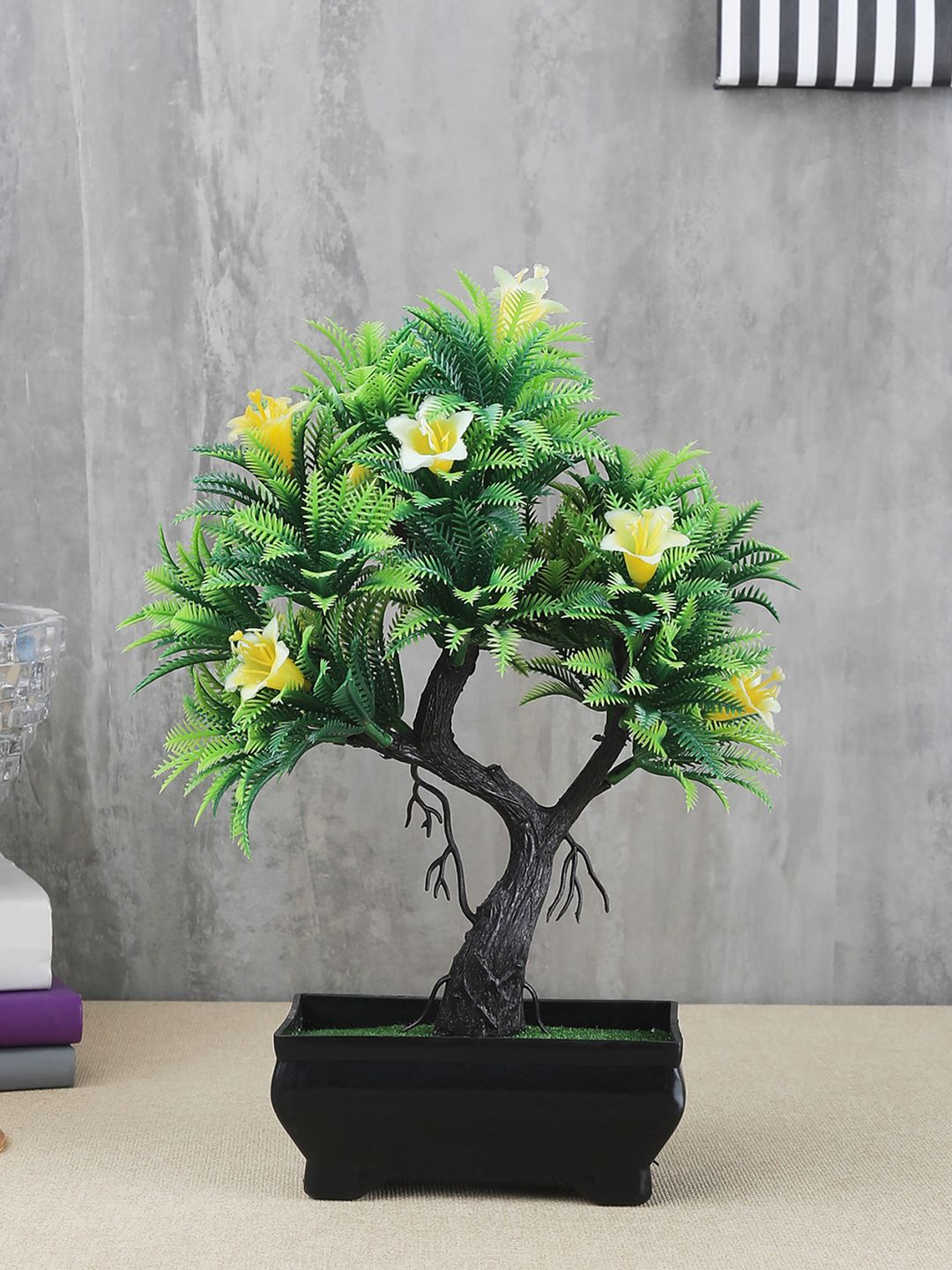 FOLIYAJ Green & Yellow Artificial Y Shaped Bonsai Tree With Fern Leaves Flowers & Black Pot Price in India