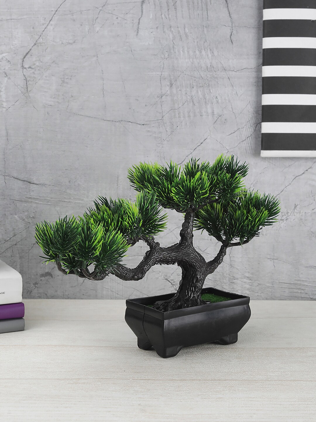 FOLIYAJ Green Artificial 4 Head Bonsai Tree With Bushy Leaves & Black Pot Price in India