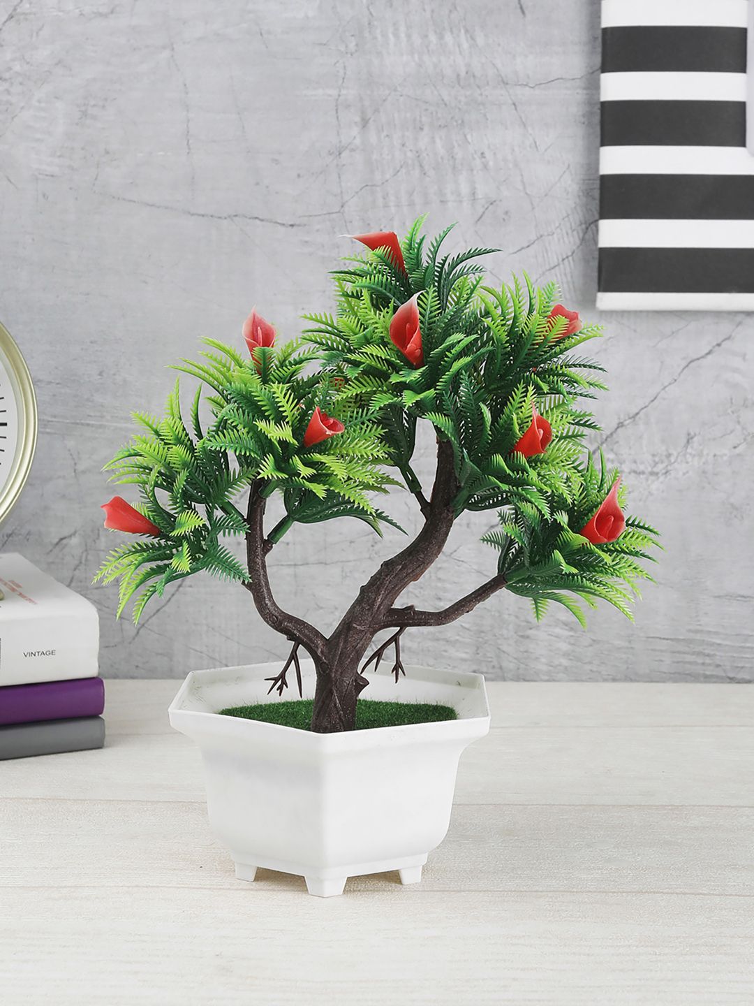 FOLIYAJ Green & Red Artificial 3 Branches Bonsai Tree With Leaves Flowers & White Pot Price in India