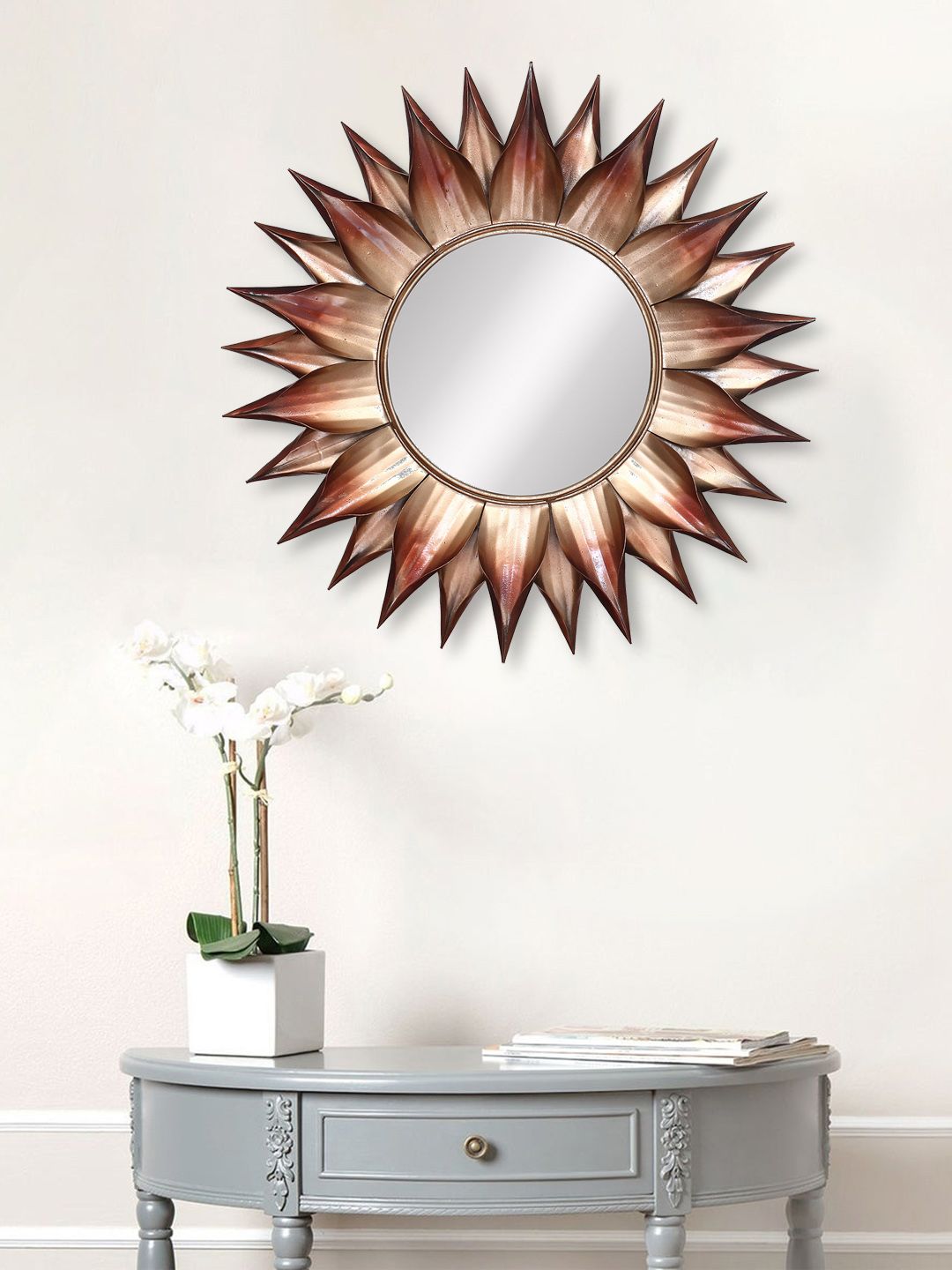 eCraftIndia Brown & Black Metal Decorative Handcarved Wall Mirror Price in India