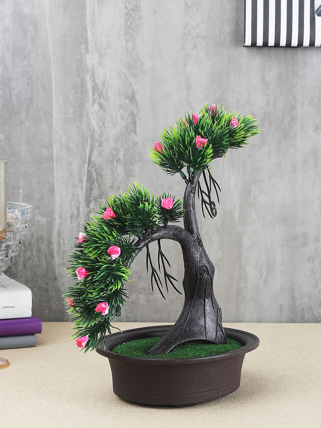 FOLIYAJ Green & Pink Artificial Shoe Horn Shaped Bonsai Tree with Bushy Leaves Flowers & Brown Pot Price in India