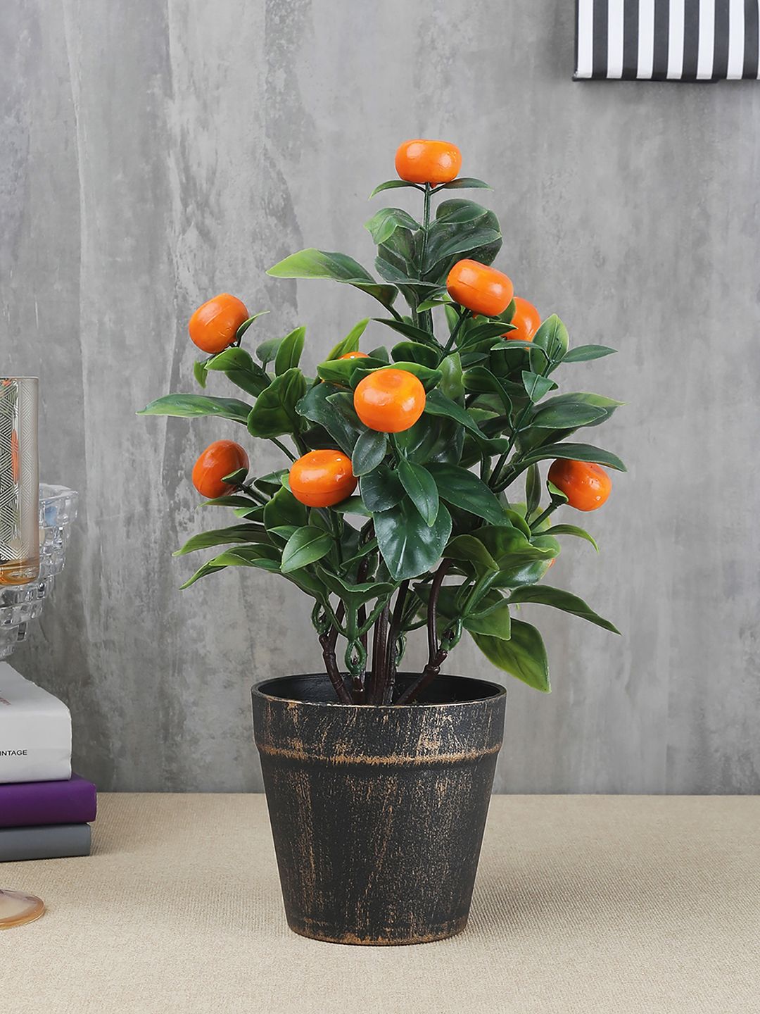 FOLIYAJ Green & Orange Artificial Orange Bonsai Tree With Pot Price in India