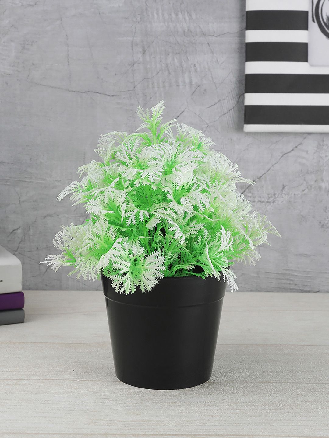 FOLIYAJ Green & White Artificial Plant With Leaves & Black Pot Price in India