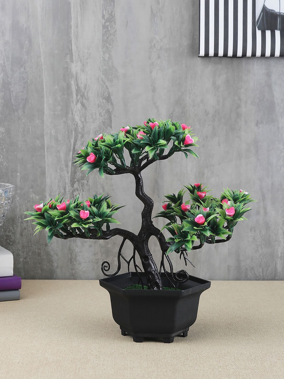 FOLIYAJ Green & Red Artificial New 3 Headed Bonsai Tree With Flowers & Black Pot Price in India
