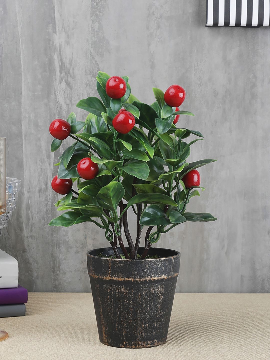 FOLIYAJ Green & Red Artificial Cherry Bonsai Tree With Pot Price in India
