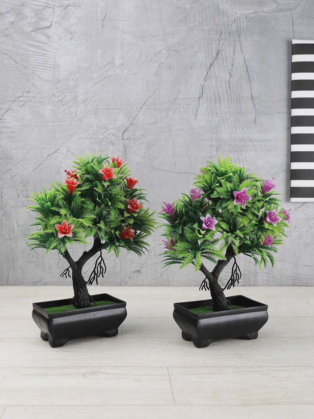 FOLIYAJ Set Of 2 Green & Red Artificial Y Shaped Bonsai Trees With Fern Leaves Flowers & Black Pots Price in India