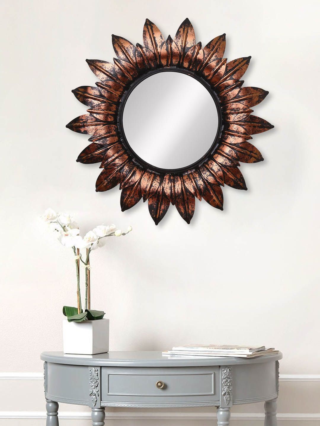 eCraftIndia Copper-Toned & Black Metal Decorative Handcarved Wall Mirror Price in India