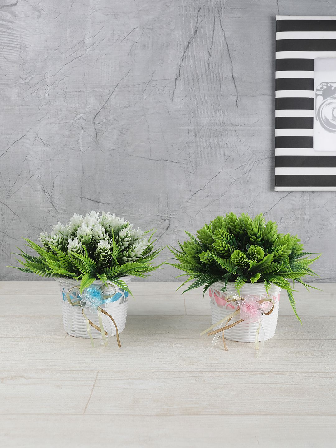 FOLIYAJ Set Of 2 Green & White Artificial Plant With Fern Leaves Buds & White Pots Price in India