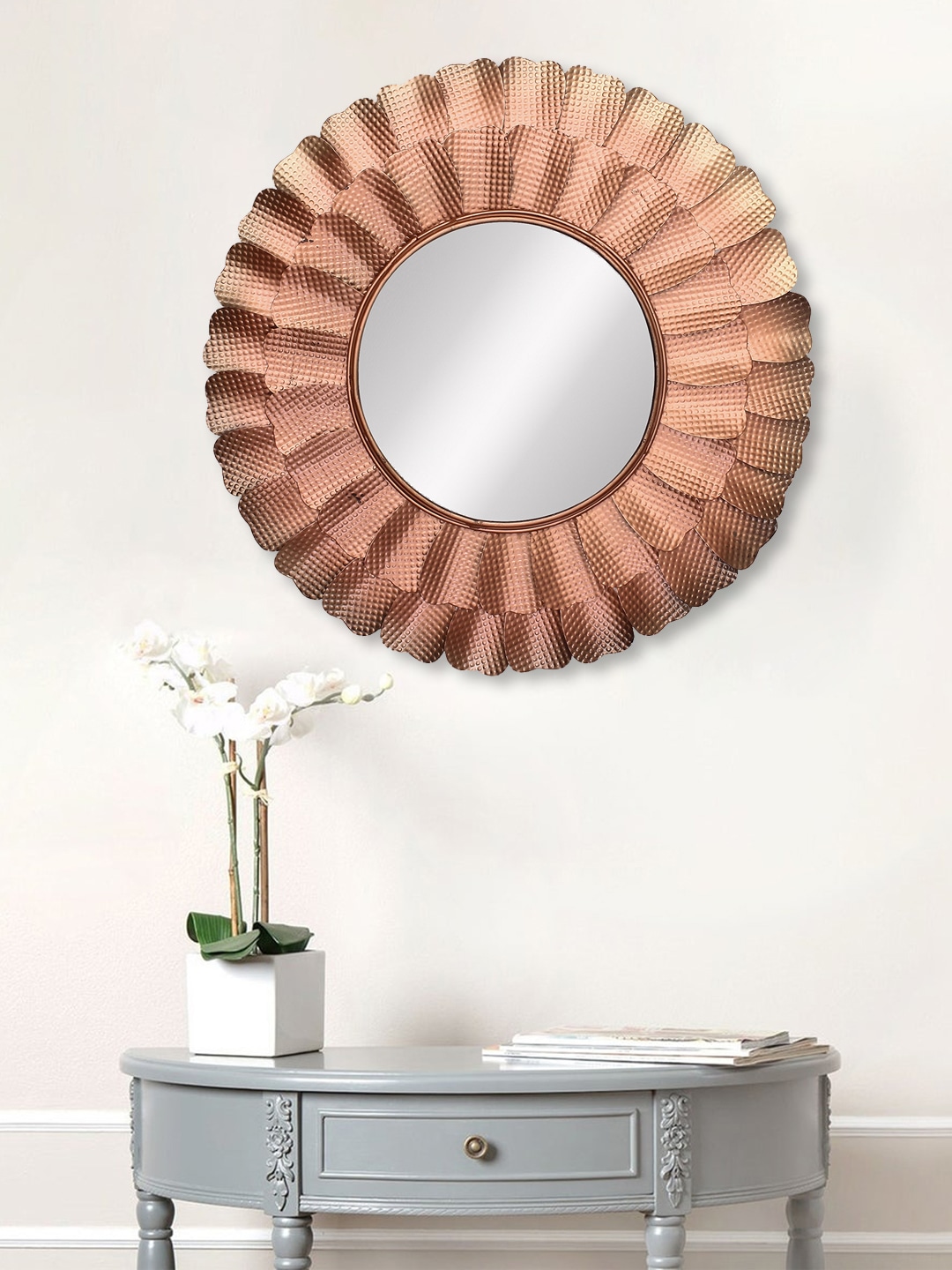 eCraftIndia Copper-Toned Metal Decorative Handcarved Wall Mirror Price in India