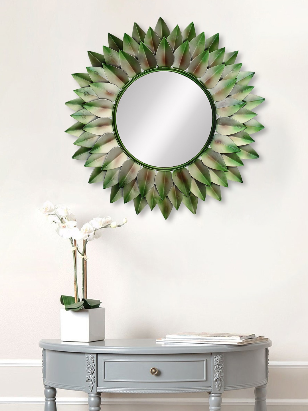 eCraftIndia Green & Brown Metal Decorative Handcarved Wall Mirror Price in India