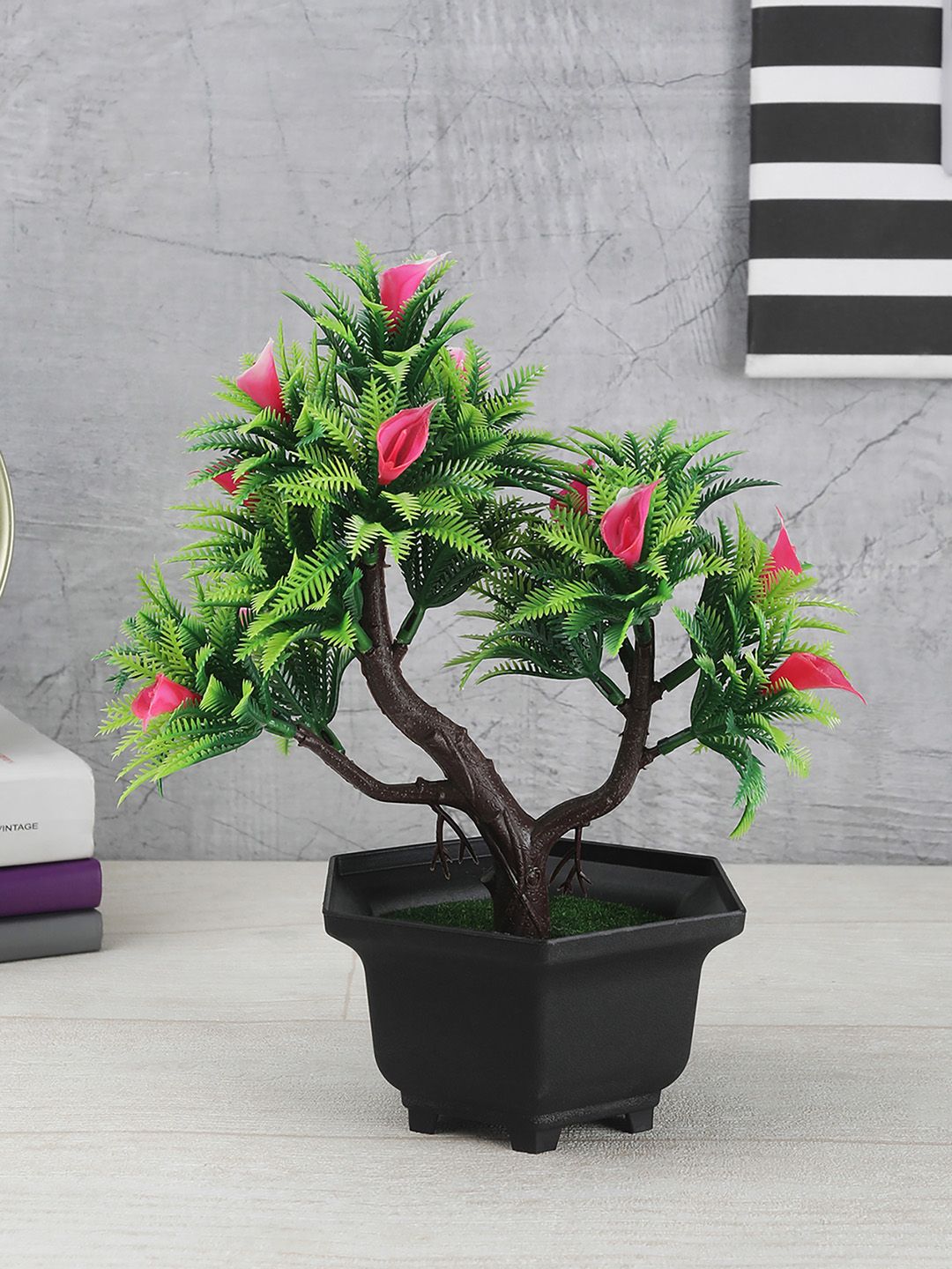 FOLIYAJ Green & Pink Artificial Bonsai Tree With Fern Leaves Flowers & Black Pot Price in India