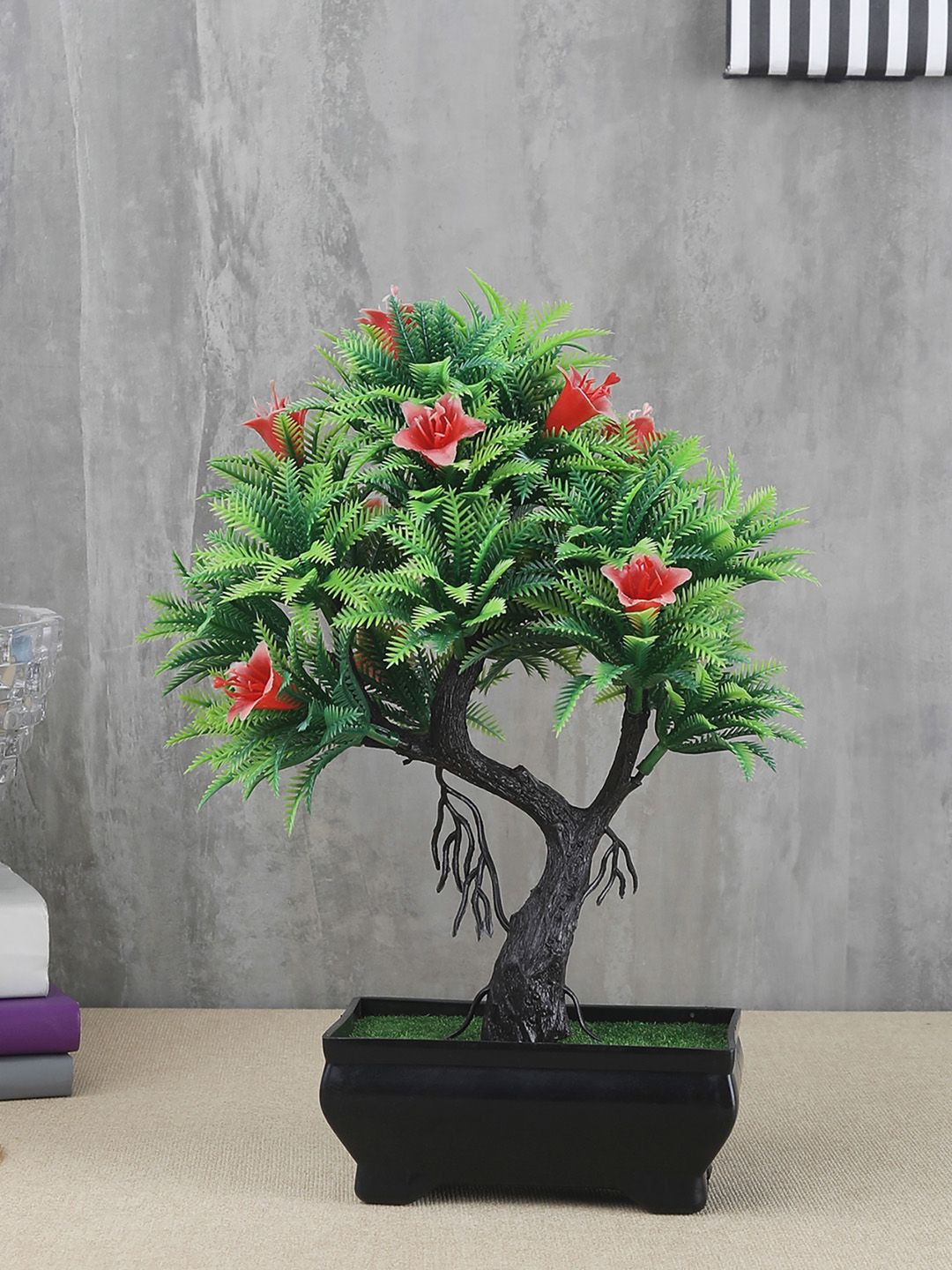 FOLIYAJ Green Artificial Y Shaped Bonsai Tree With Fern Leaves Flowers & Black Pot Price in India