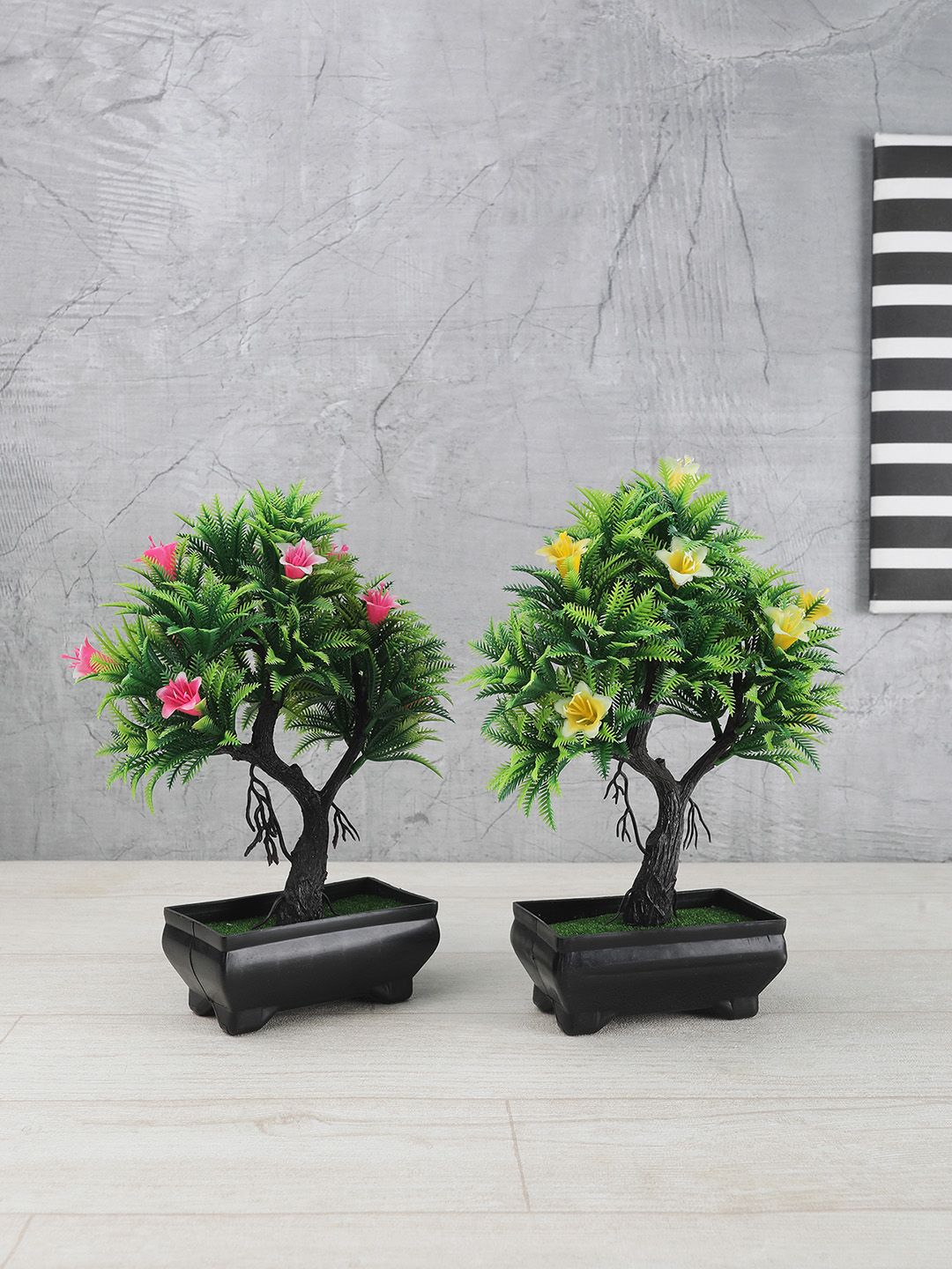 FOLIYAJ Set Of 2 Green & Yellow Artificial Y Shaped Bonsai Trees With Fern Leaves Flowers & Black Pots Price in India
