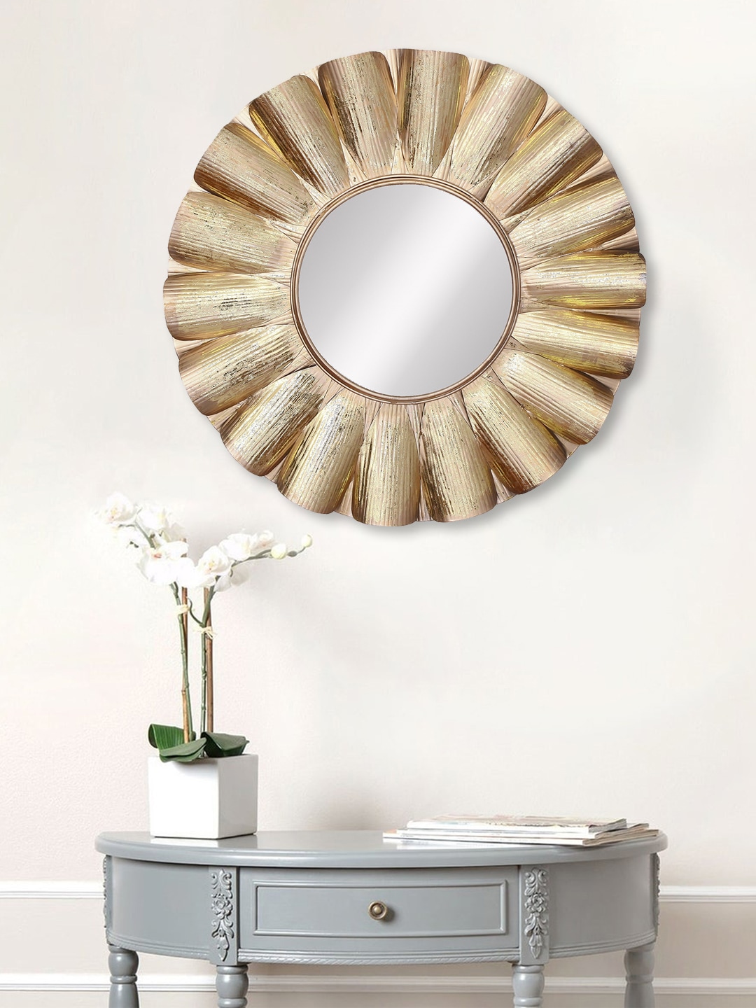eCraftIndia Gold-Toned Decorative Metal Handcarved Wall Mirror Price in India