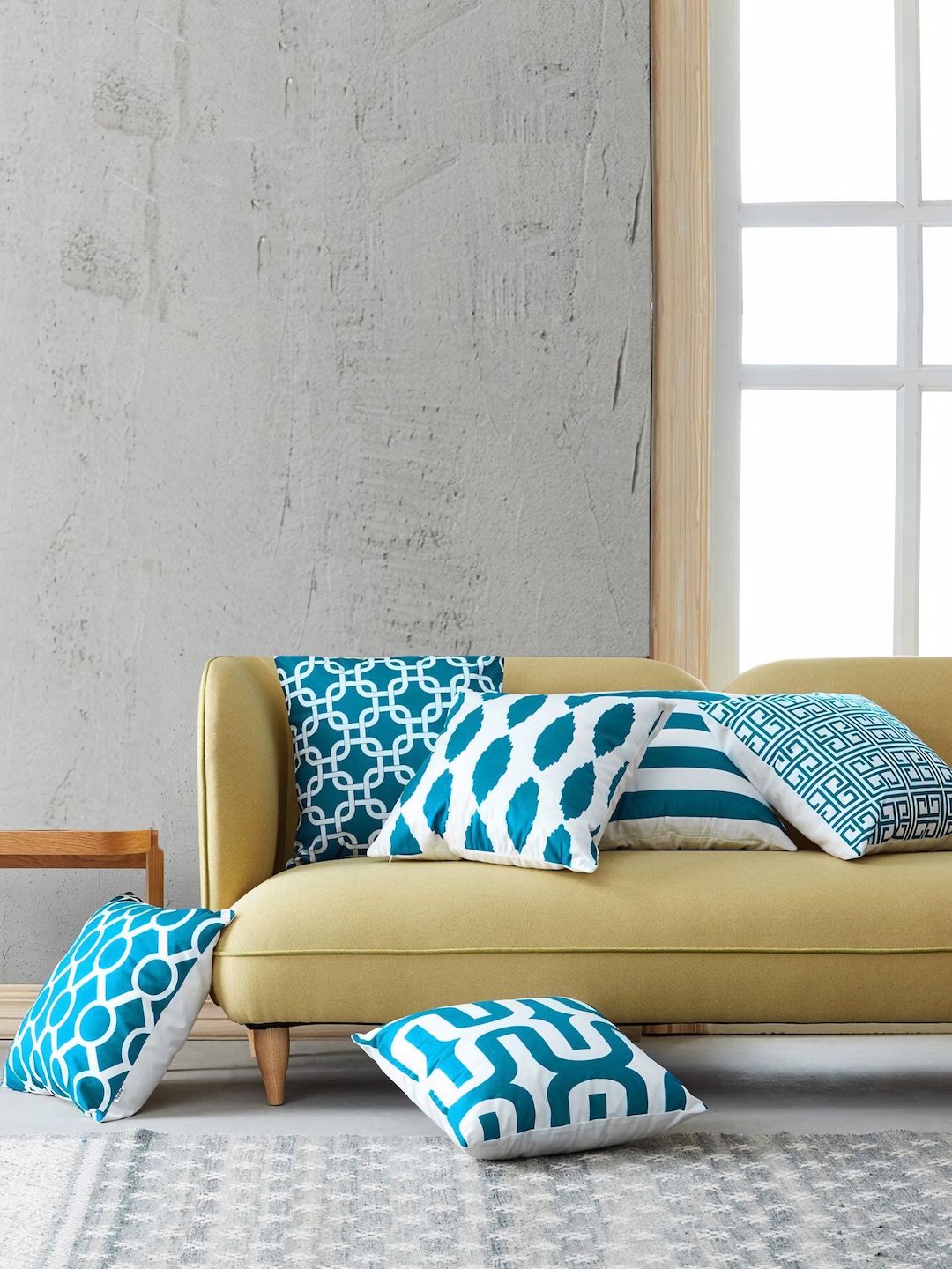 MODERN HOMES Teal Blue & White Set of 6 Geometric Square Cushion Covers Price in India