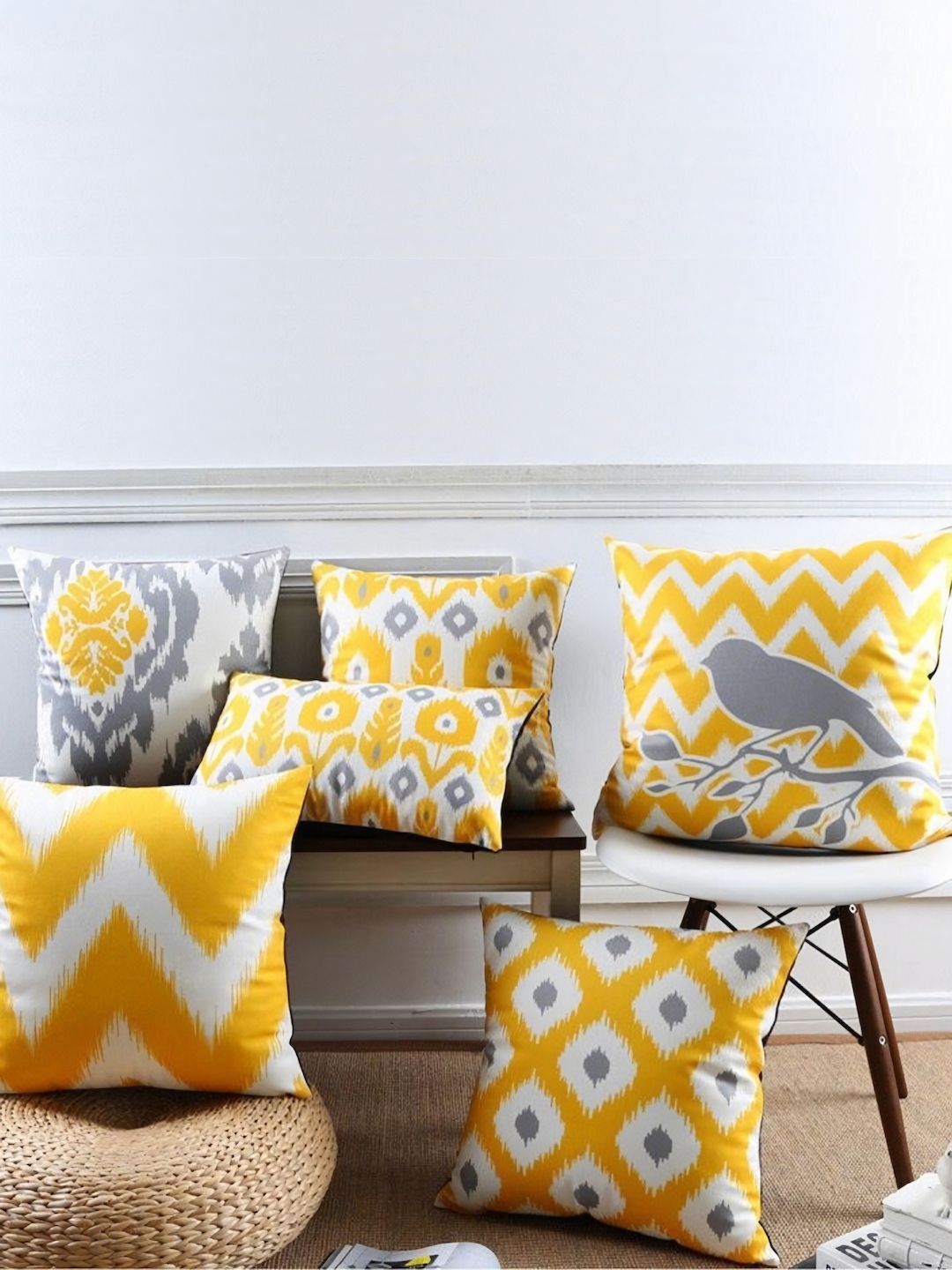MODERN HOMES Yellow & Grey Set of 6 Geometric Square Cushion Covers Price in India
