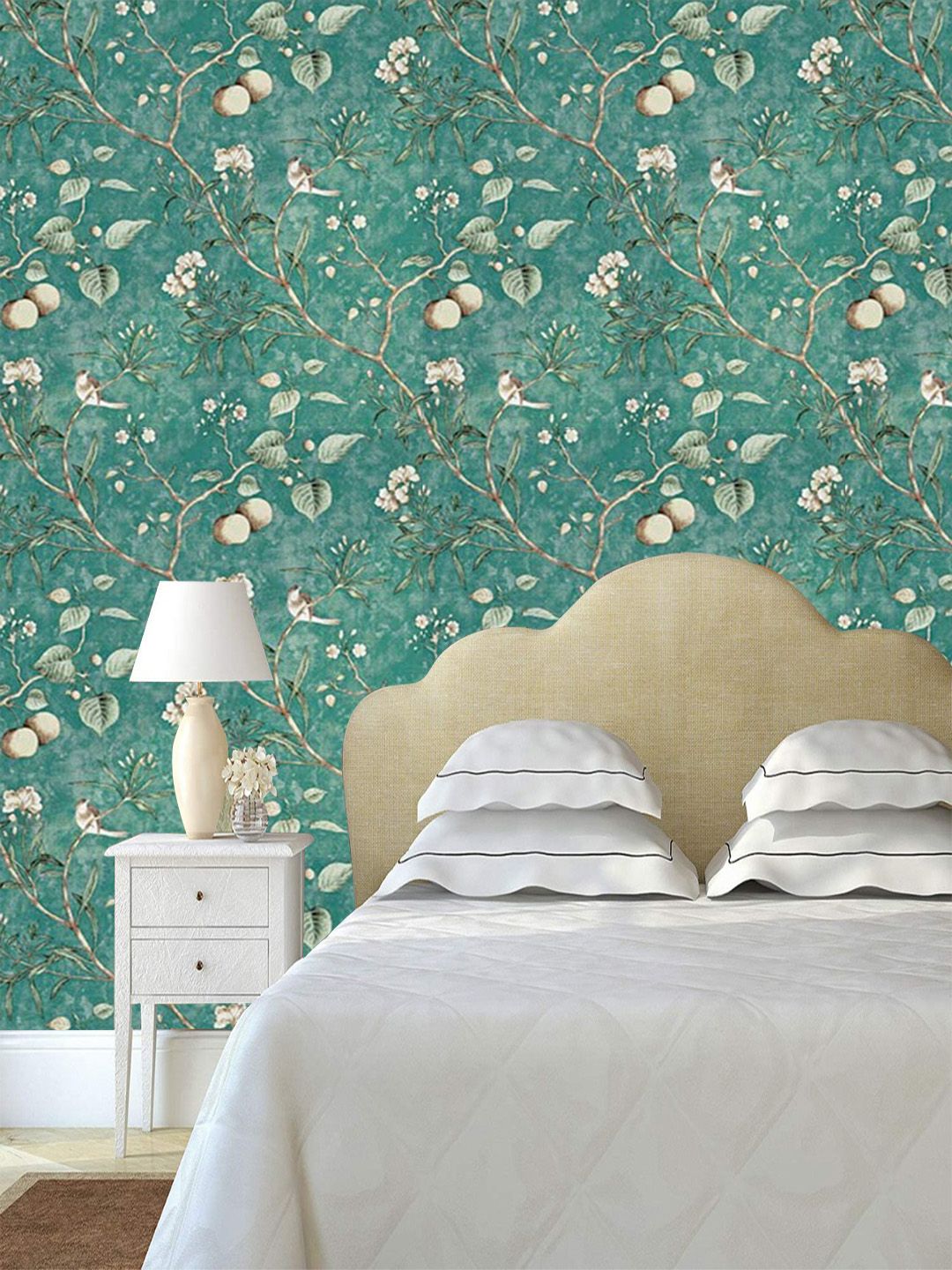 Jaamso Royals Green & Off-White Vintage Flower Self Adhesive Removable Wallpaper Price in India